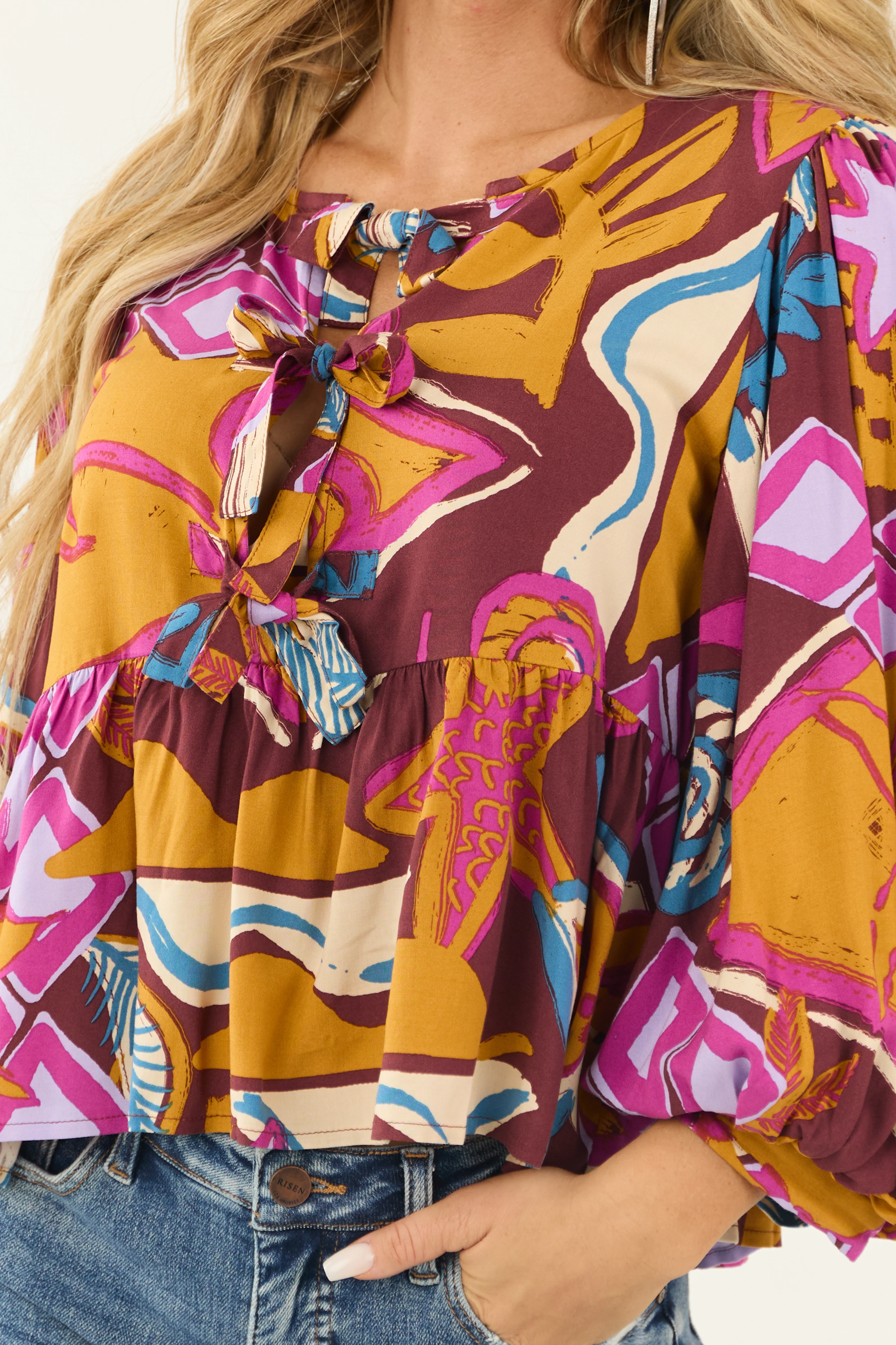 Marsala Abstract Print Tie Front Peplum Fit Top - Image 6
