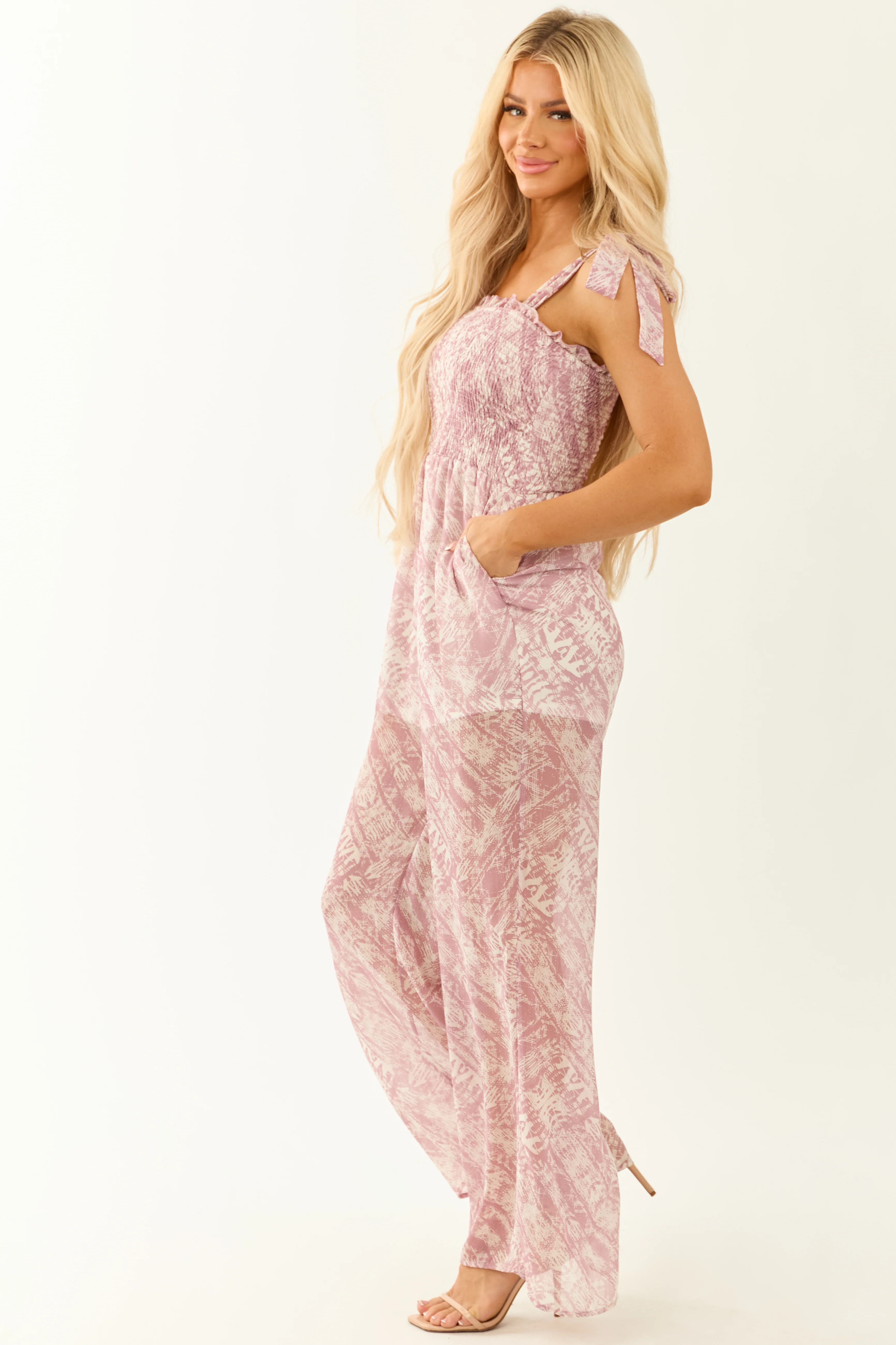 Mauve Abstract Print Square Neck Sleeveless Jumpsuit - Image 4