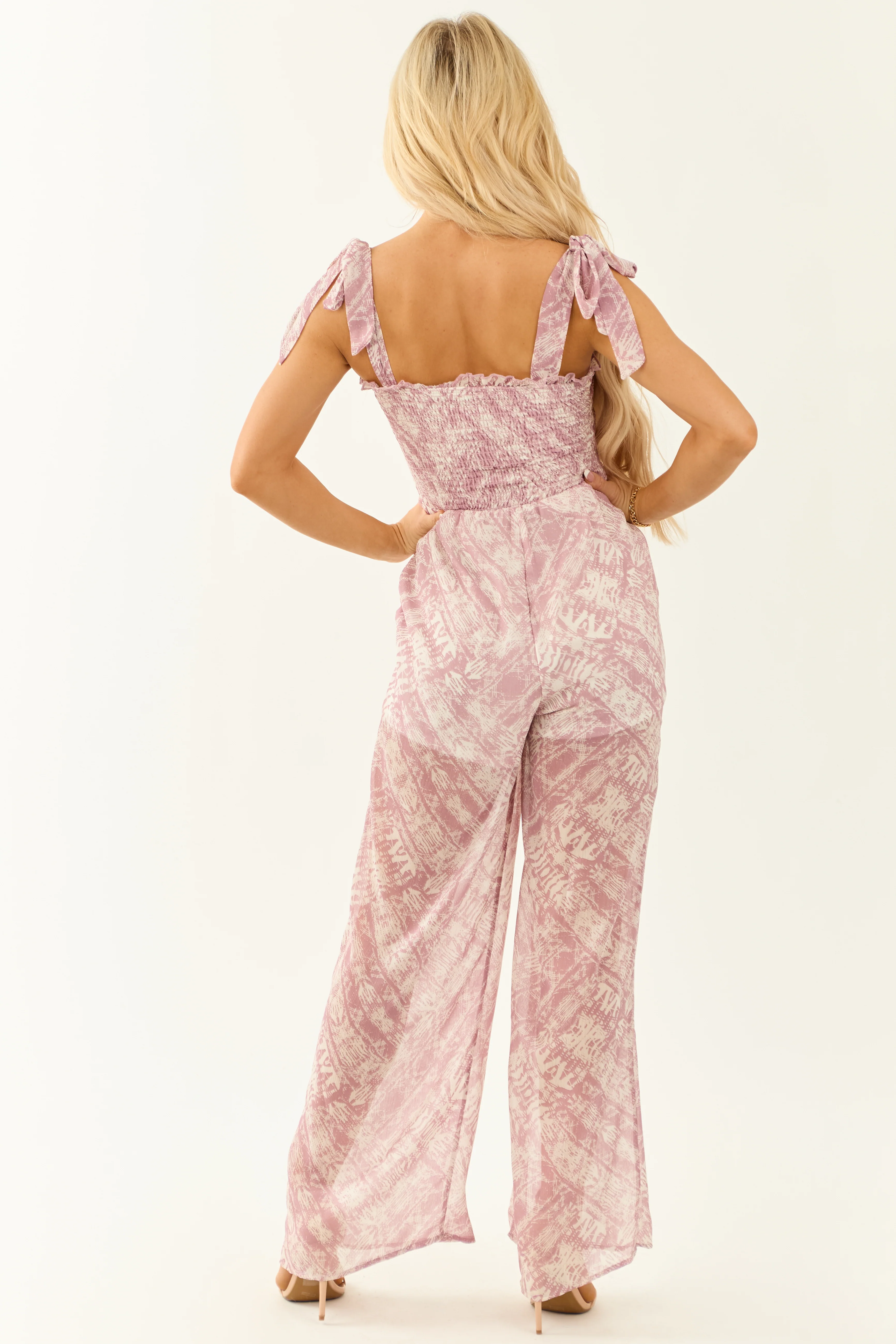 Mauve Abstract Print Square Neck Sleeveless Jumpsuit - Image 5