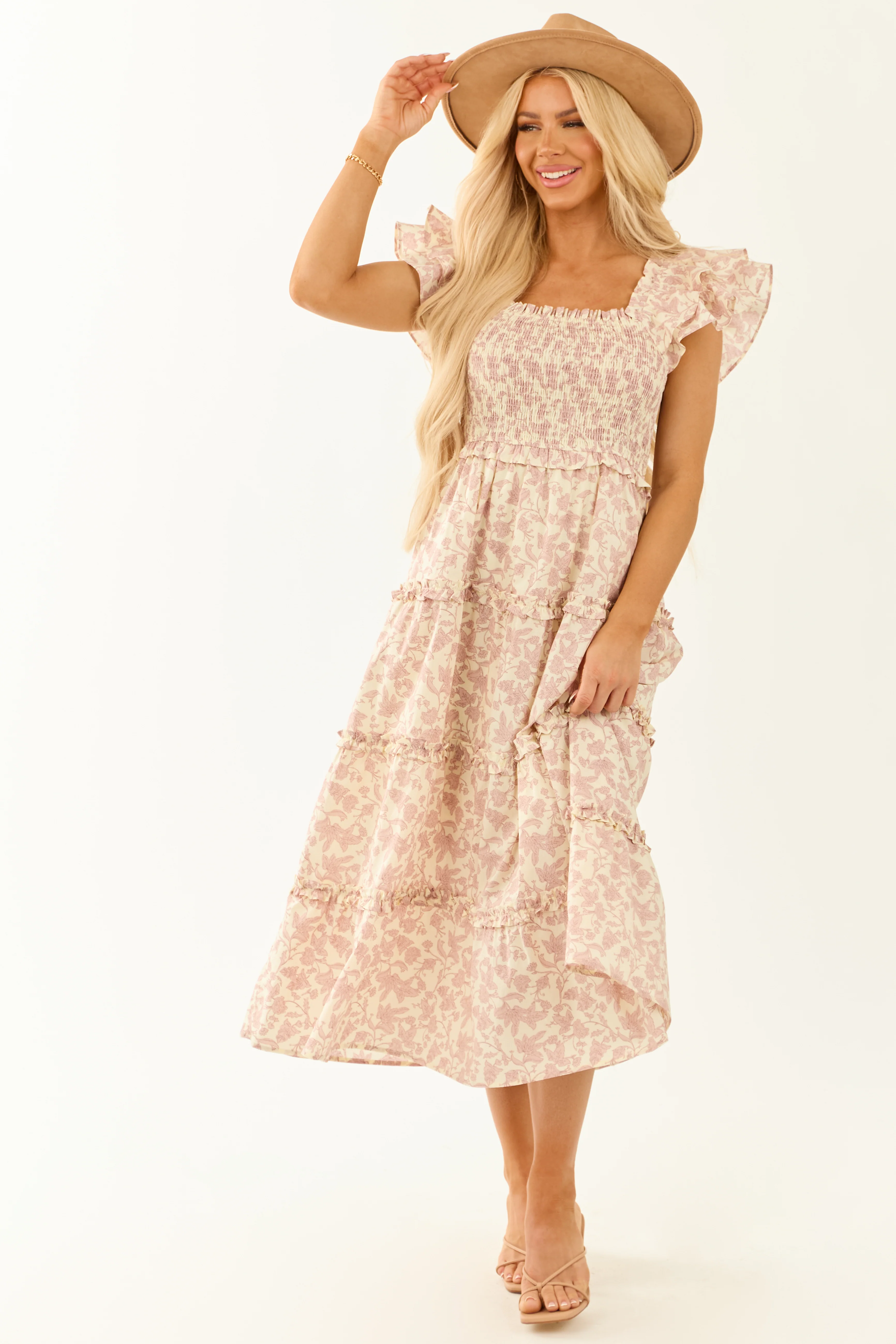 Mauve and Cream Floral Print Smocked Midi Dress - Image 4