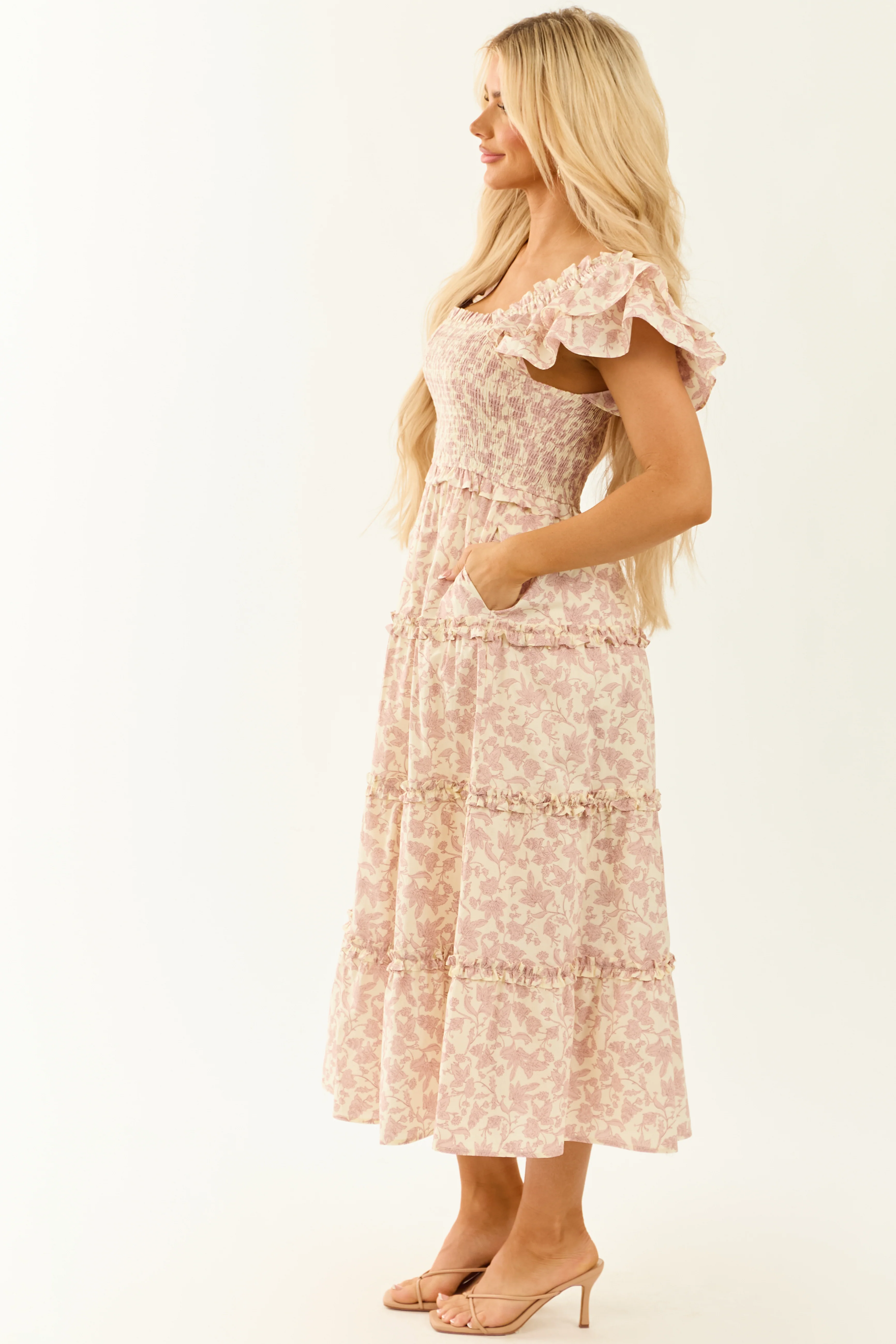 Mauve and Cream Floral Print Smocked Midi Dress - Image 6