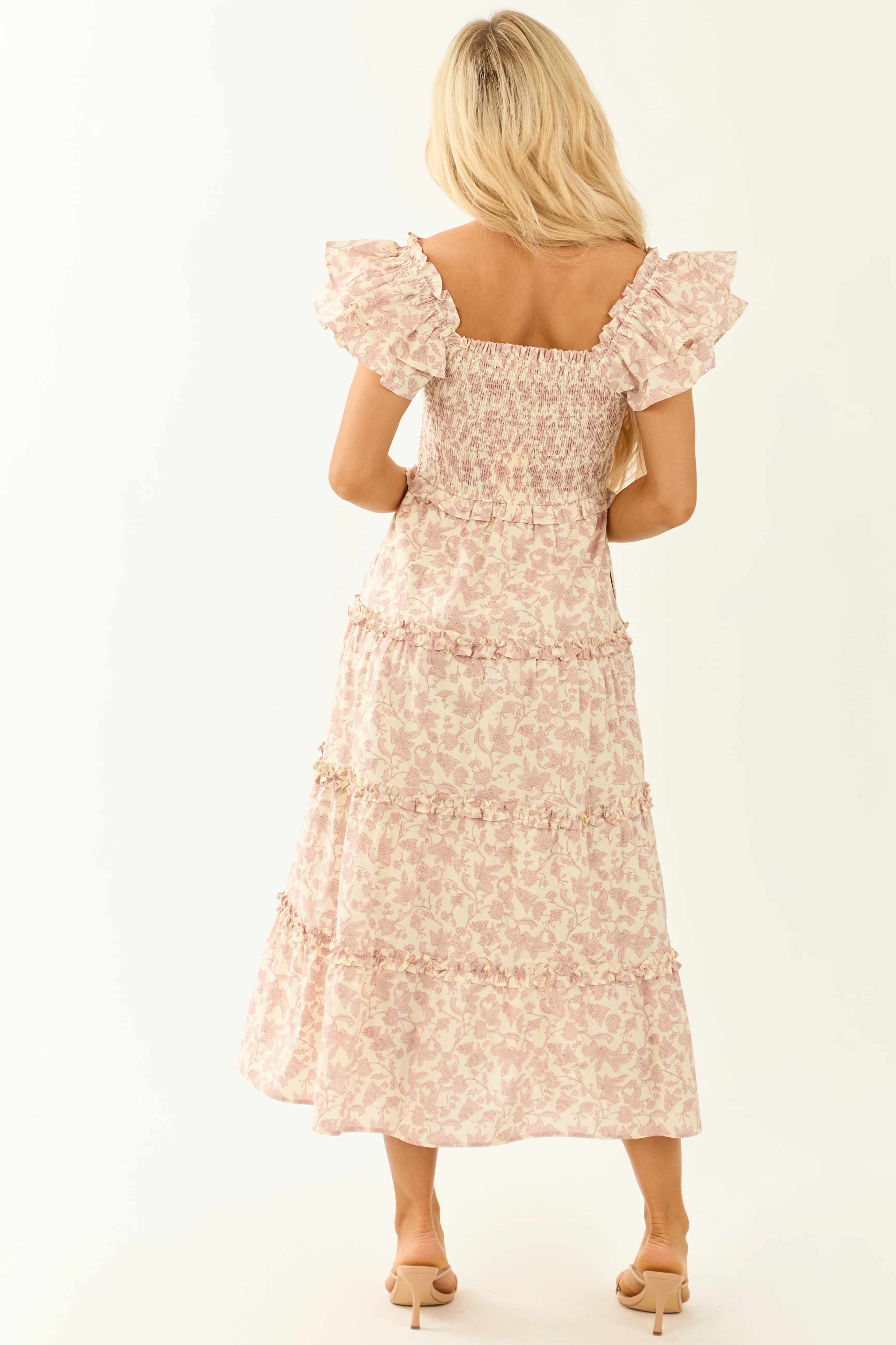 Mauve and Cream Floral Print Smocked Midi Dress - Image 7