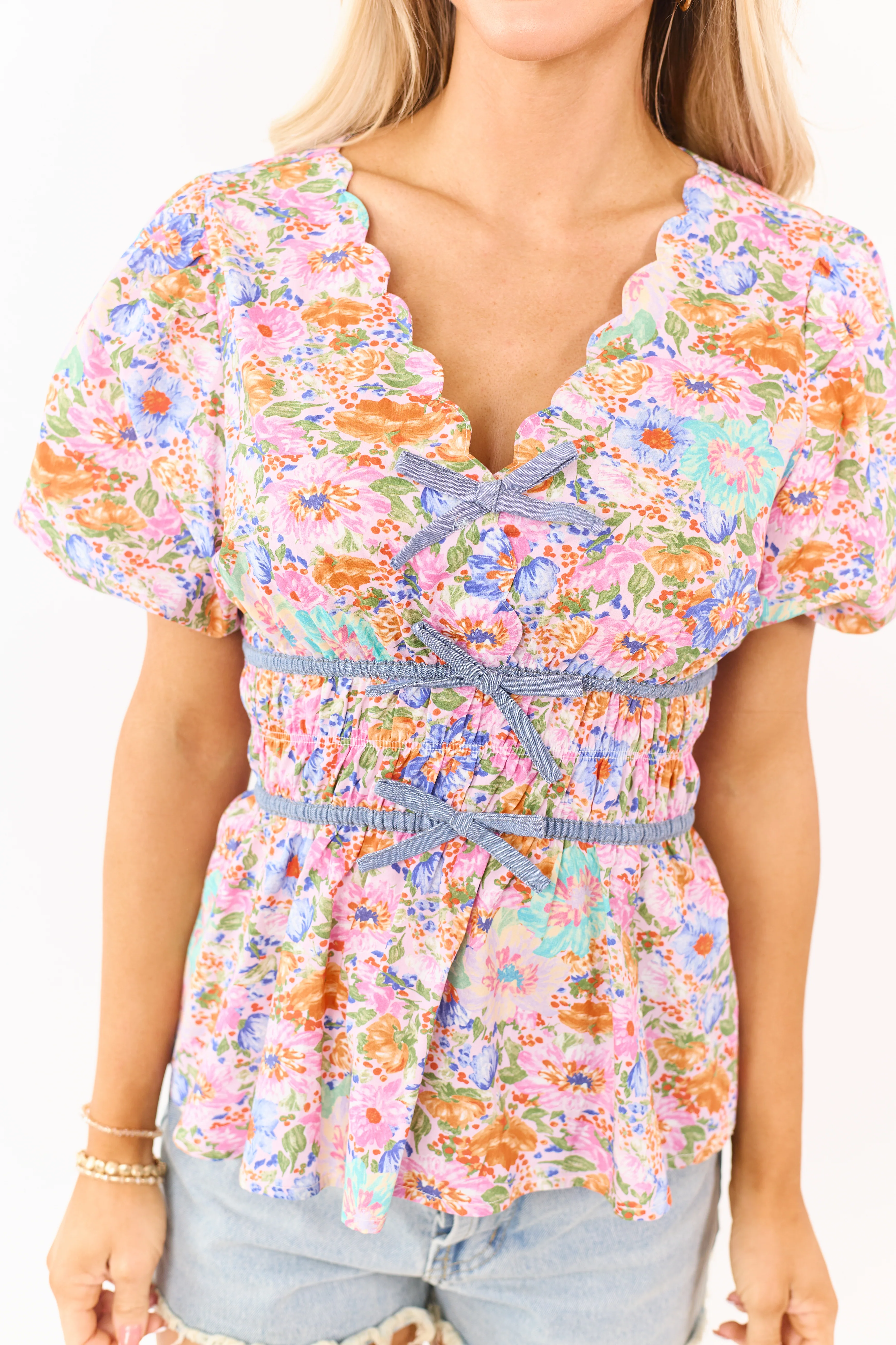 Mauve Floral Cotton Smocked Waist Peplum Top - Image 6