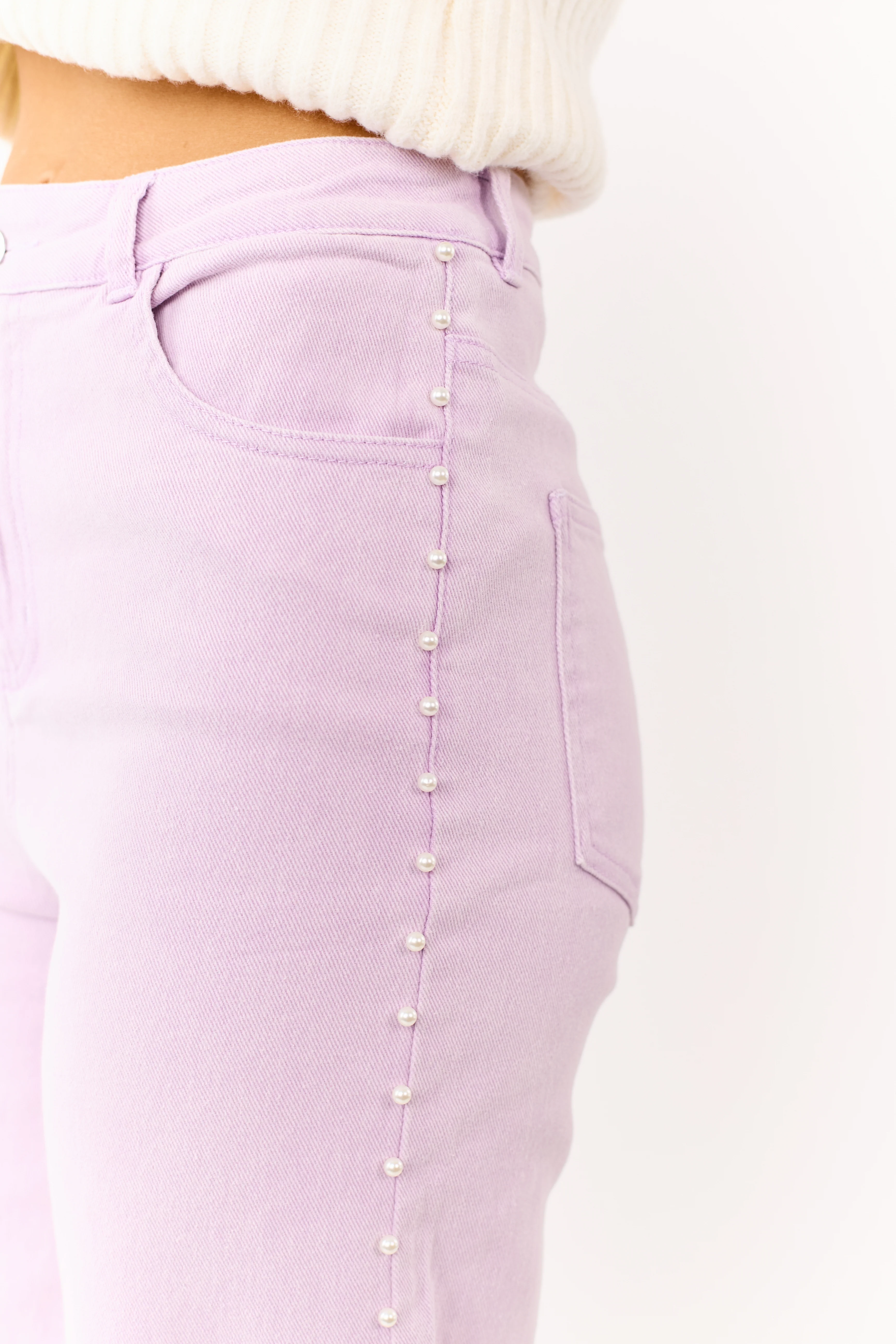 Mauve High Rise Pearl Embellished Wide Leg Jeans - Image 2