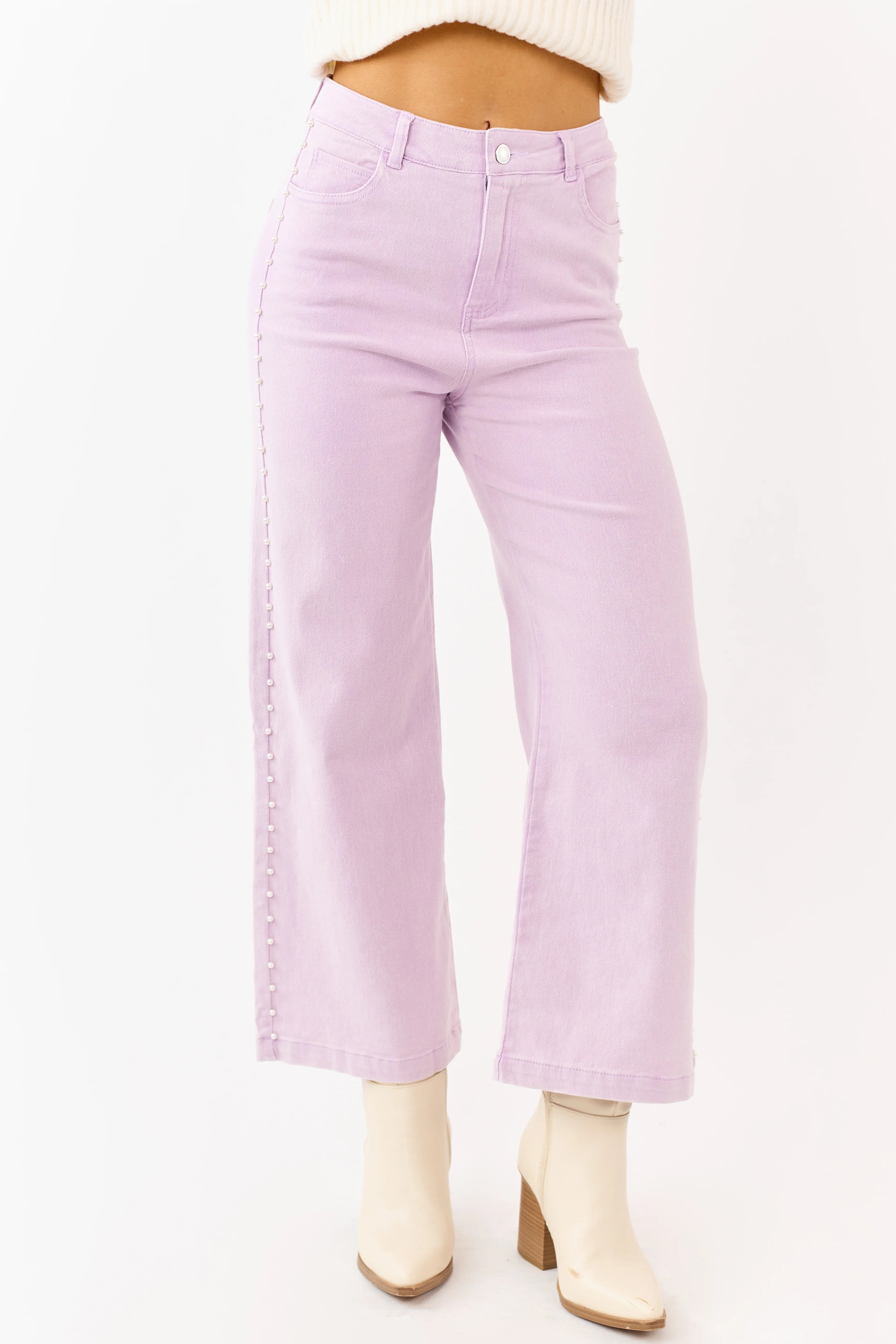Mauve High Rise Pearl Embellished Wide Leg Jeans - Image 3