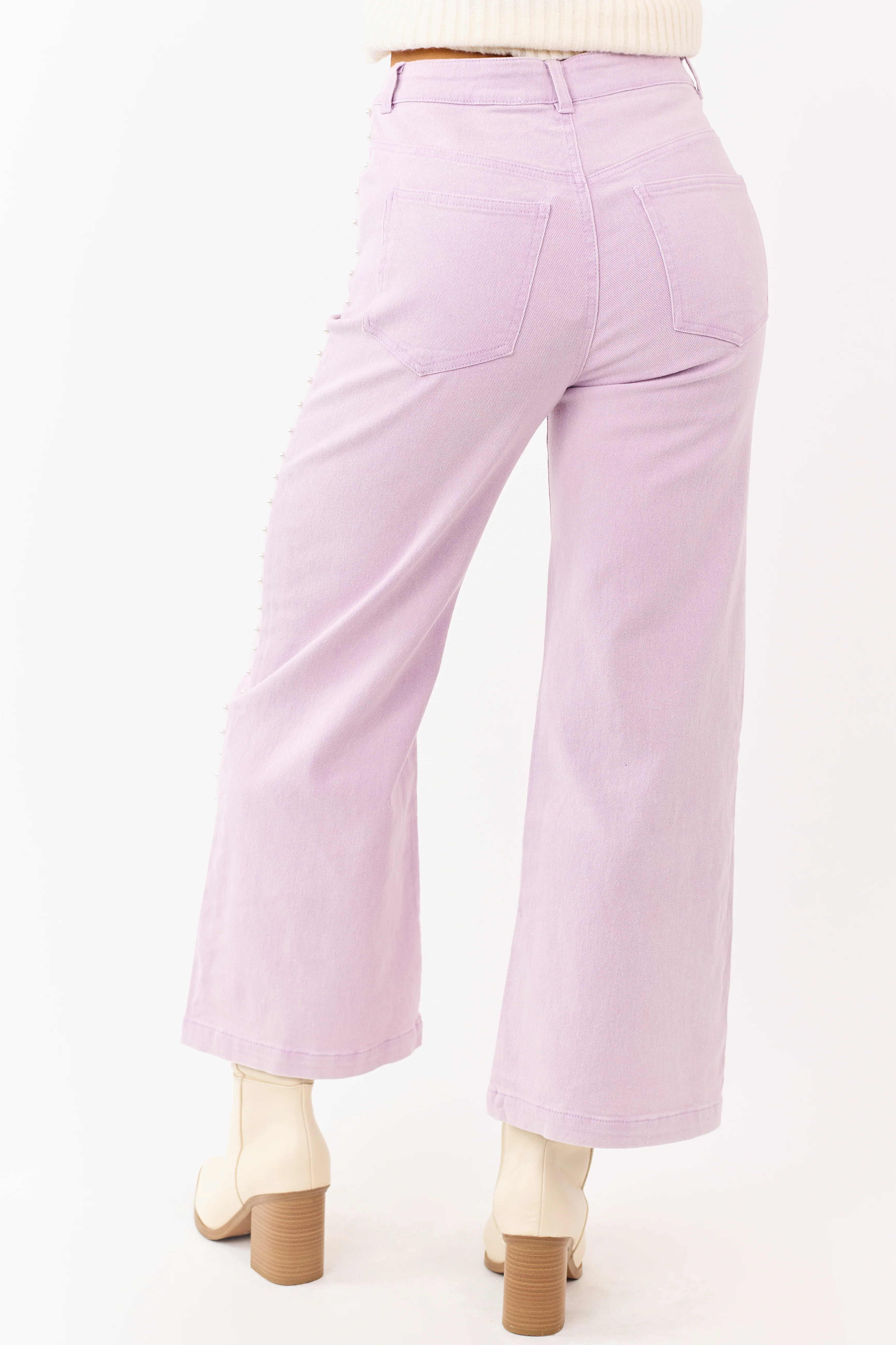 Mauve High Rise Pearl Embellished Wide Leg Jeans - Image 5