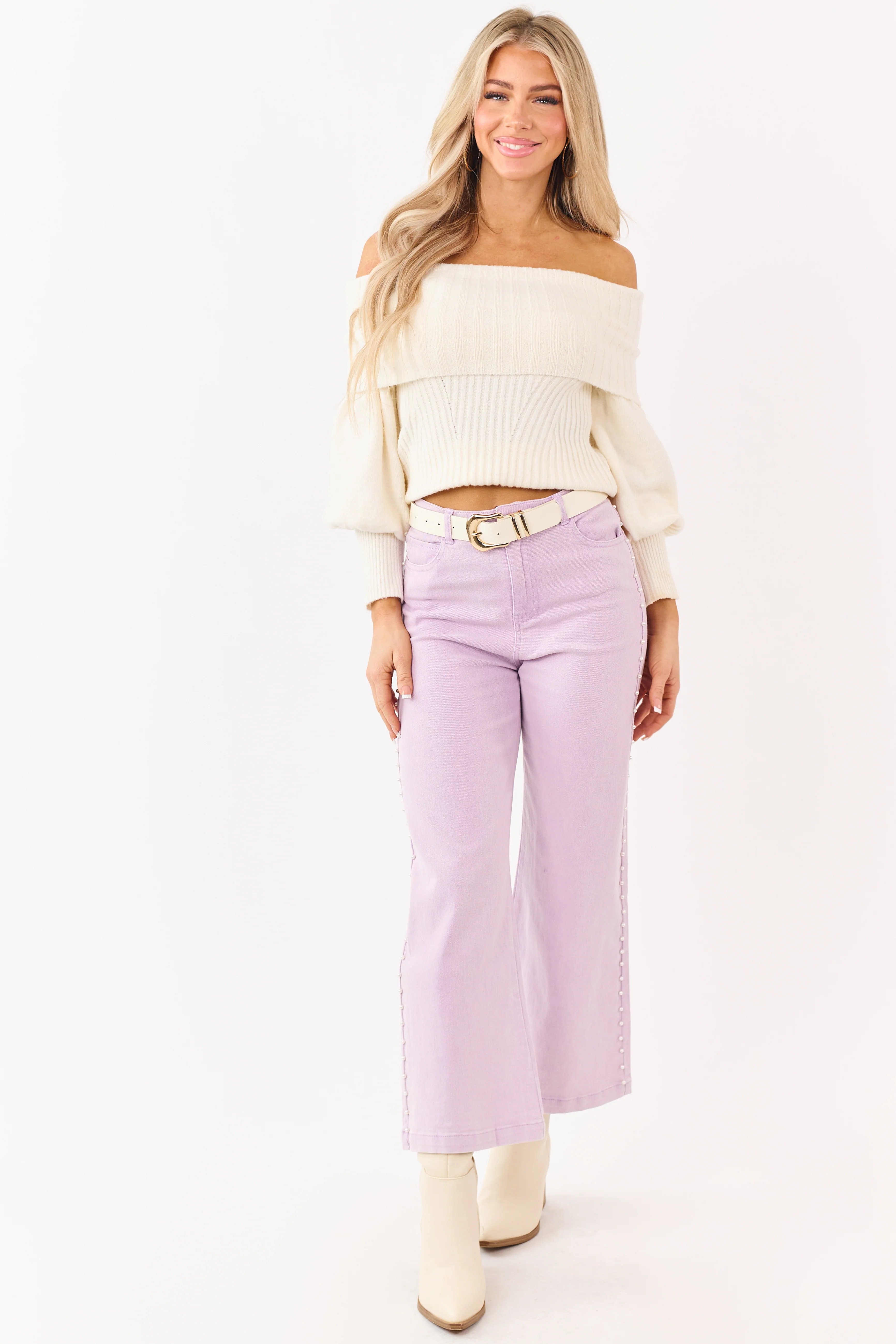 Mauve High Rise Pearl Embellished Wide Leg Jeans - Image 7