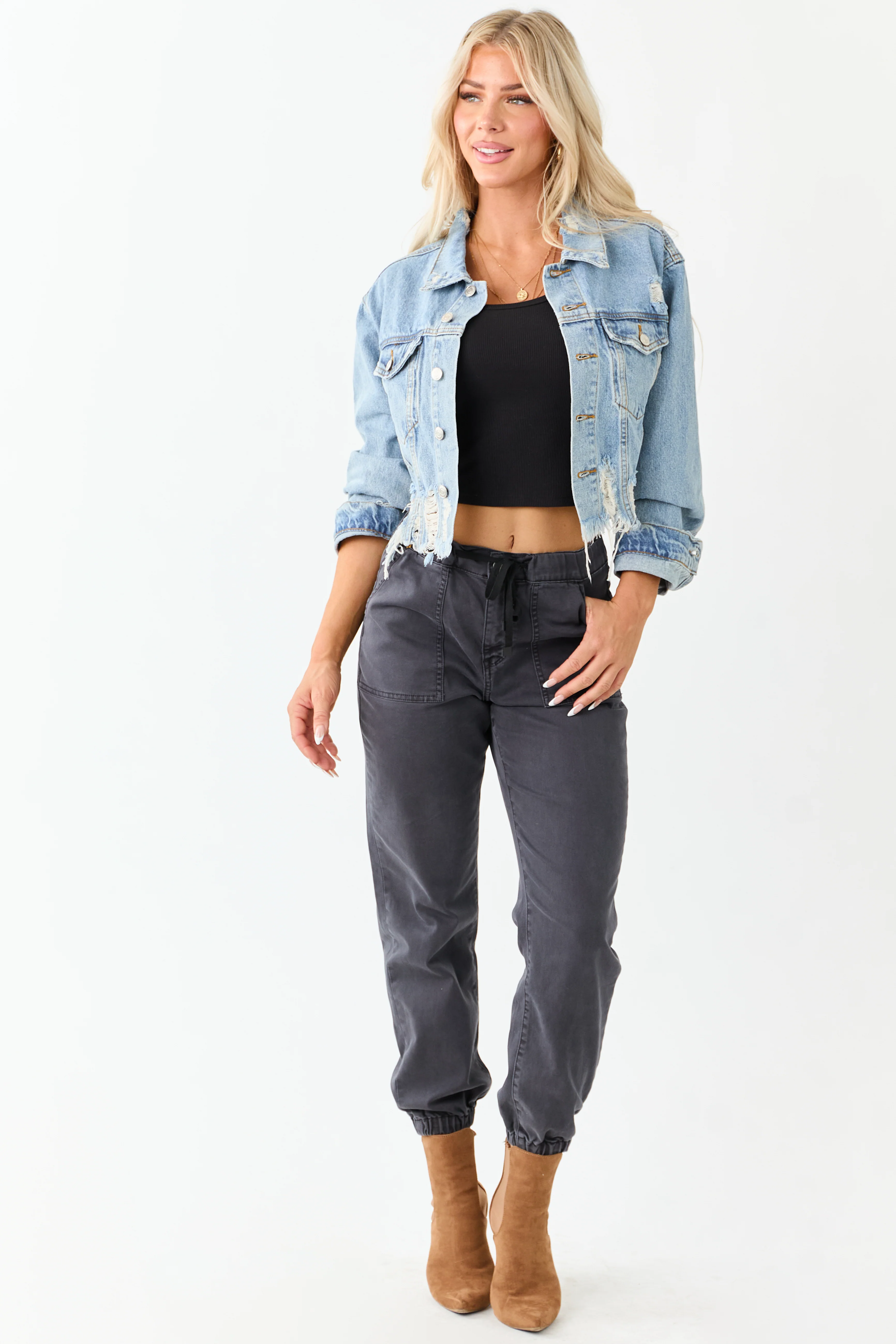 Medium Mineral Wash Denim Distressed Boxy Jacket - Image 3