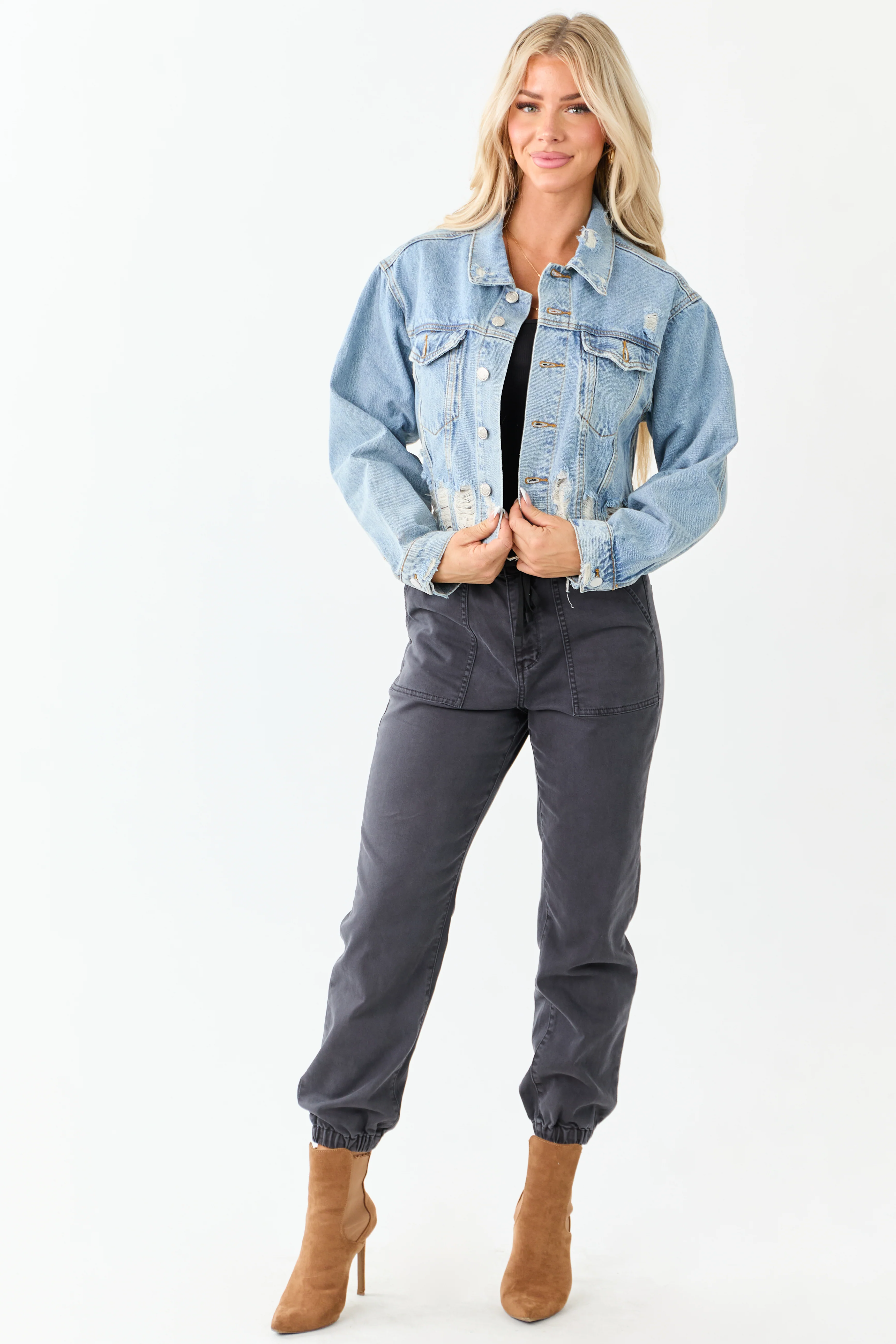 Medium Mineral Wash Denim Distressed Boxy Jacket - Image 6