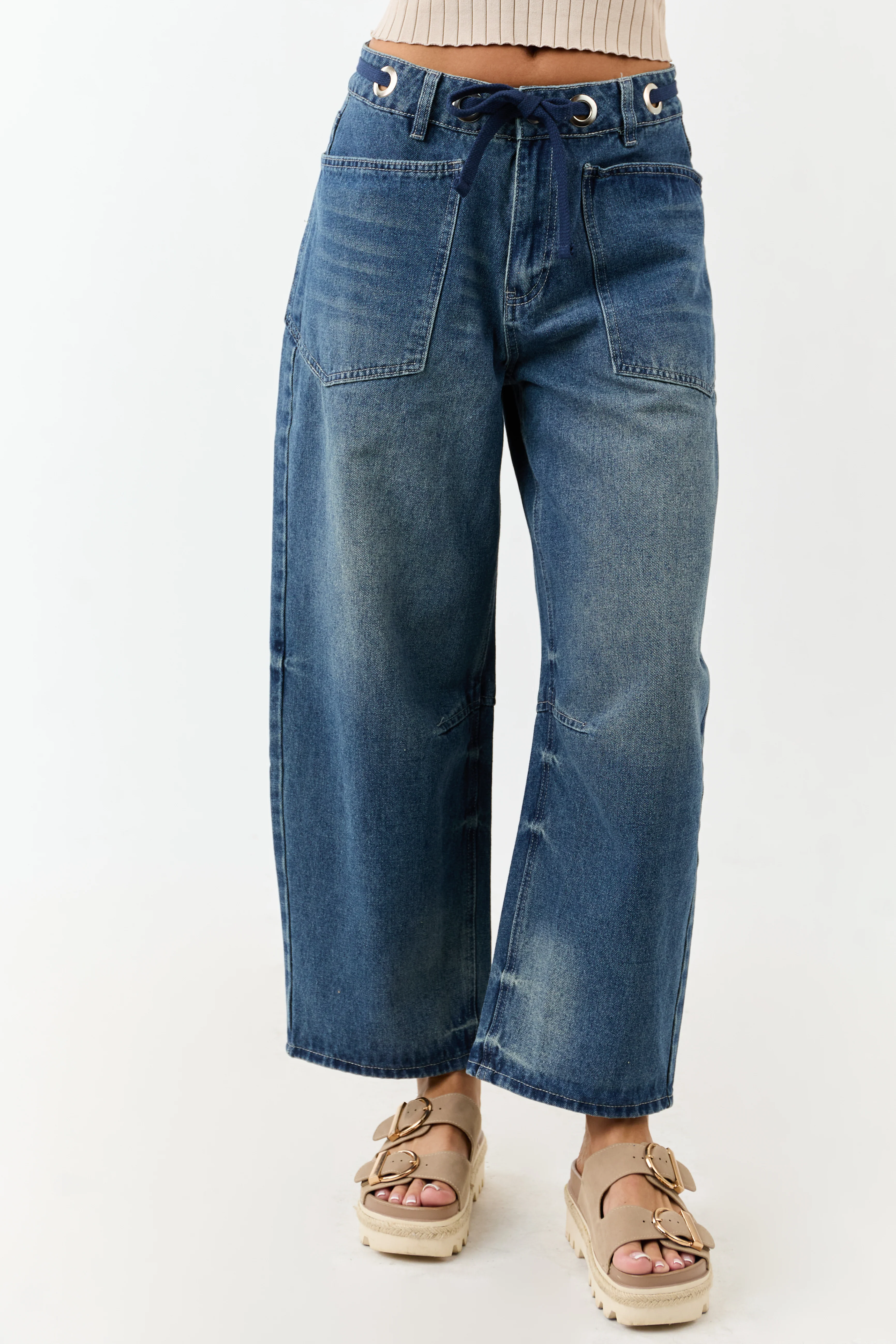Medium Vintage Wash High Rise Drawstring Barrel Jeans - Image 2