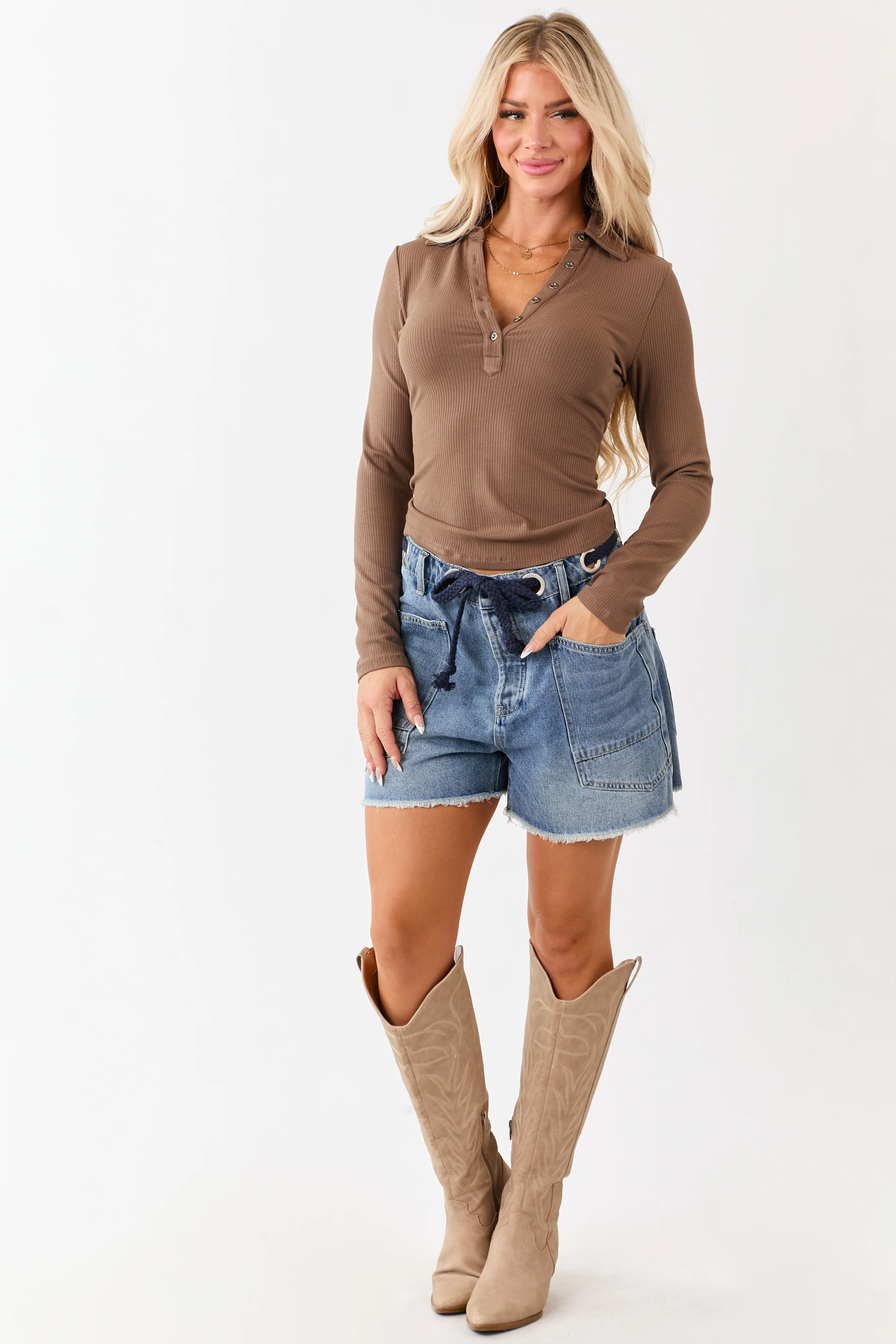Medium Wash Braided Drawstring Denim Shorts - Image 6