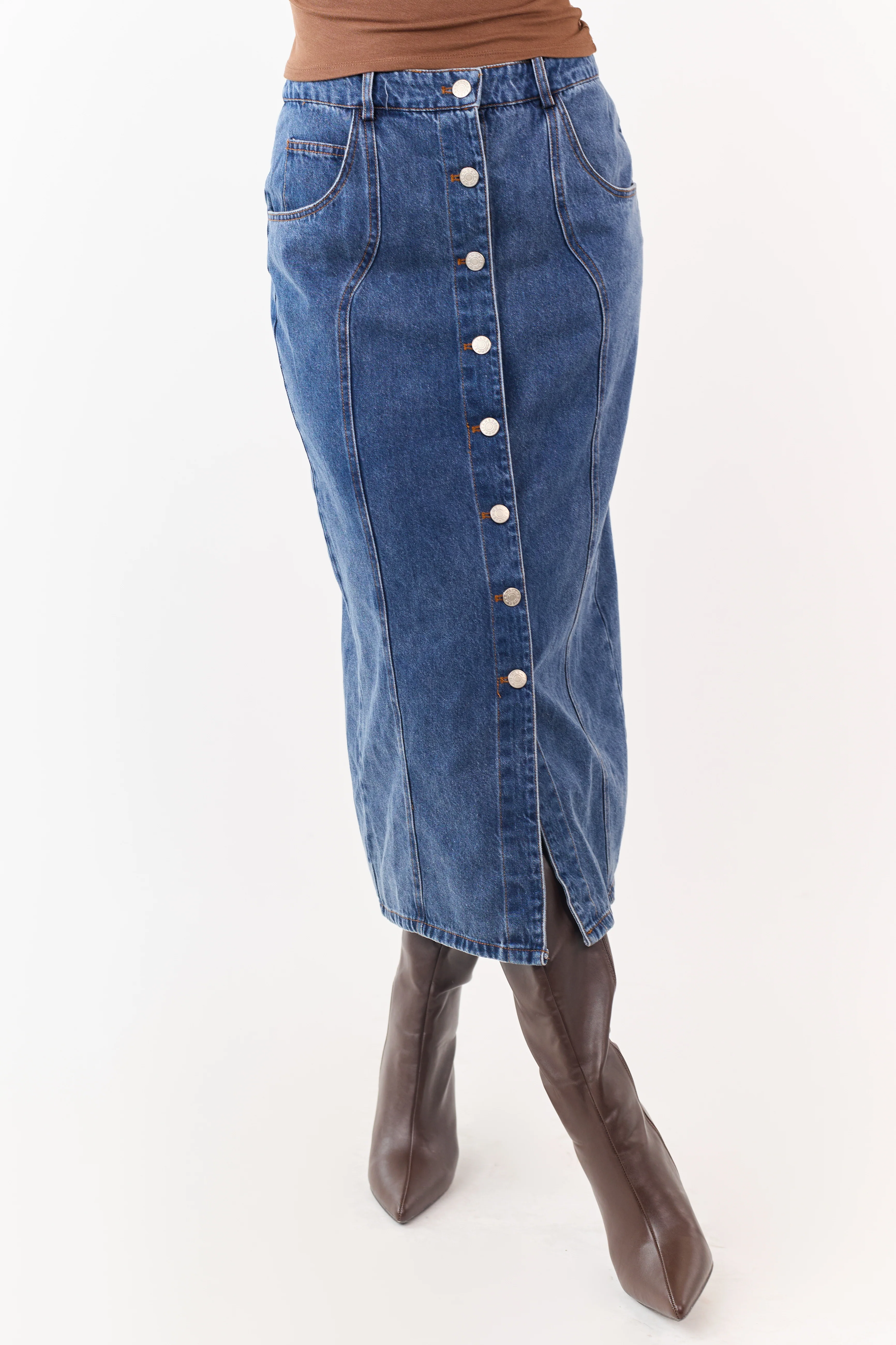 Medium Wash Button Down Denim Midi Skirt - Image 2