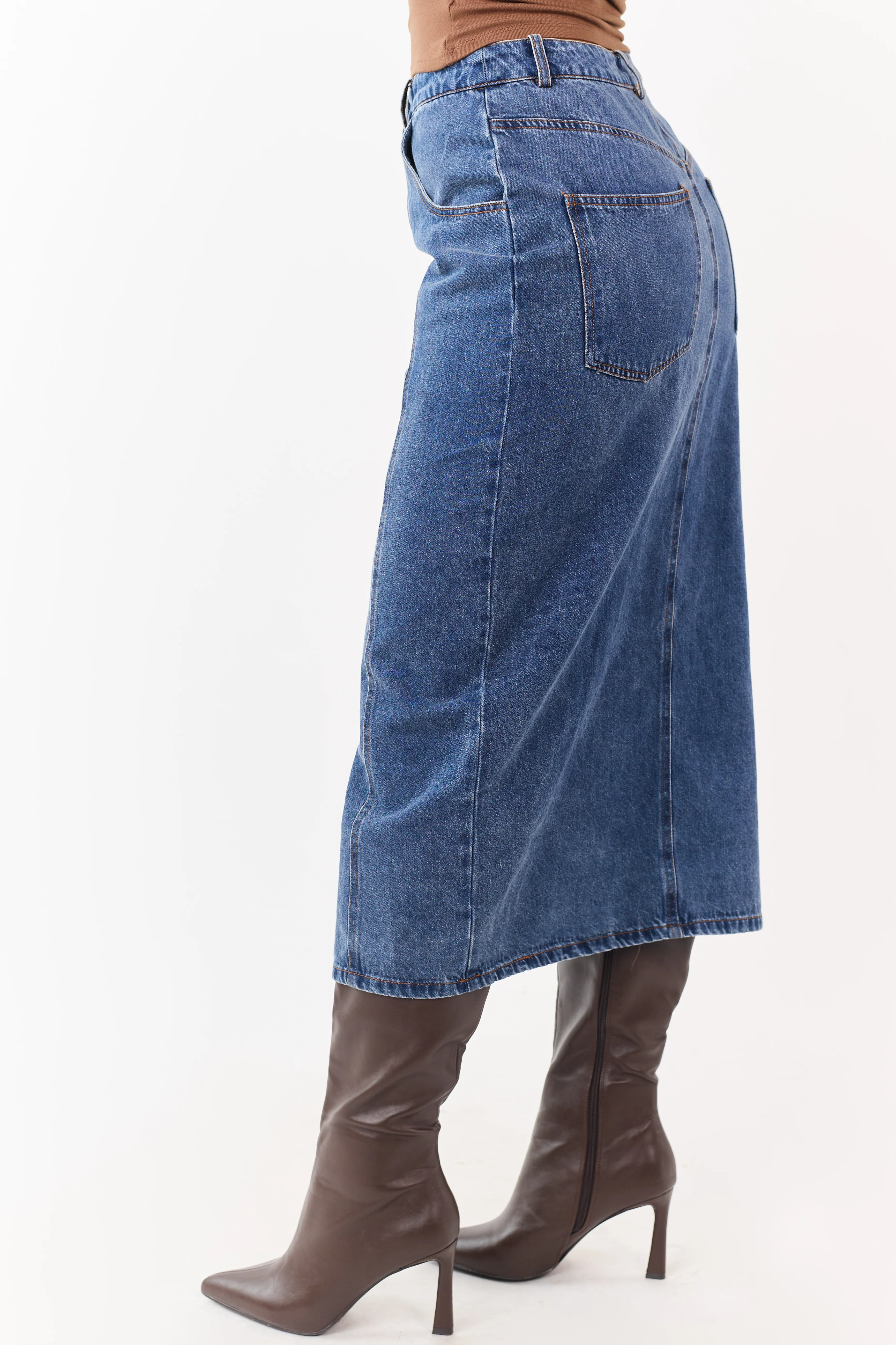 Medium Wash Button Down Denim Midi Skirt - Image 3