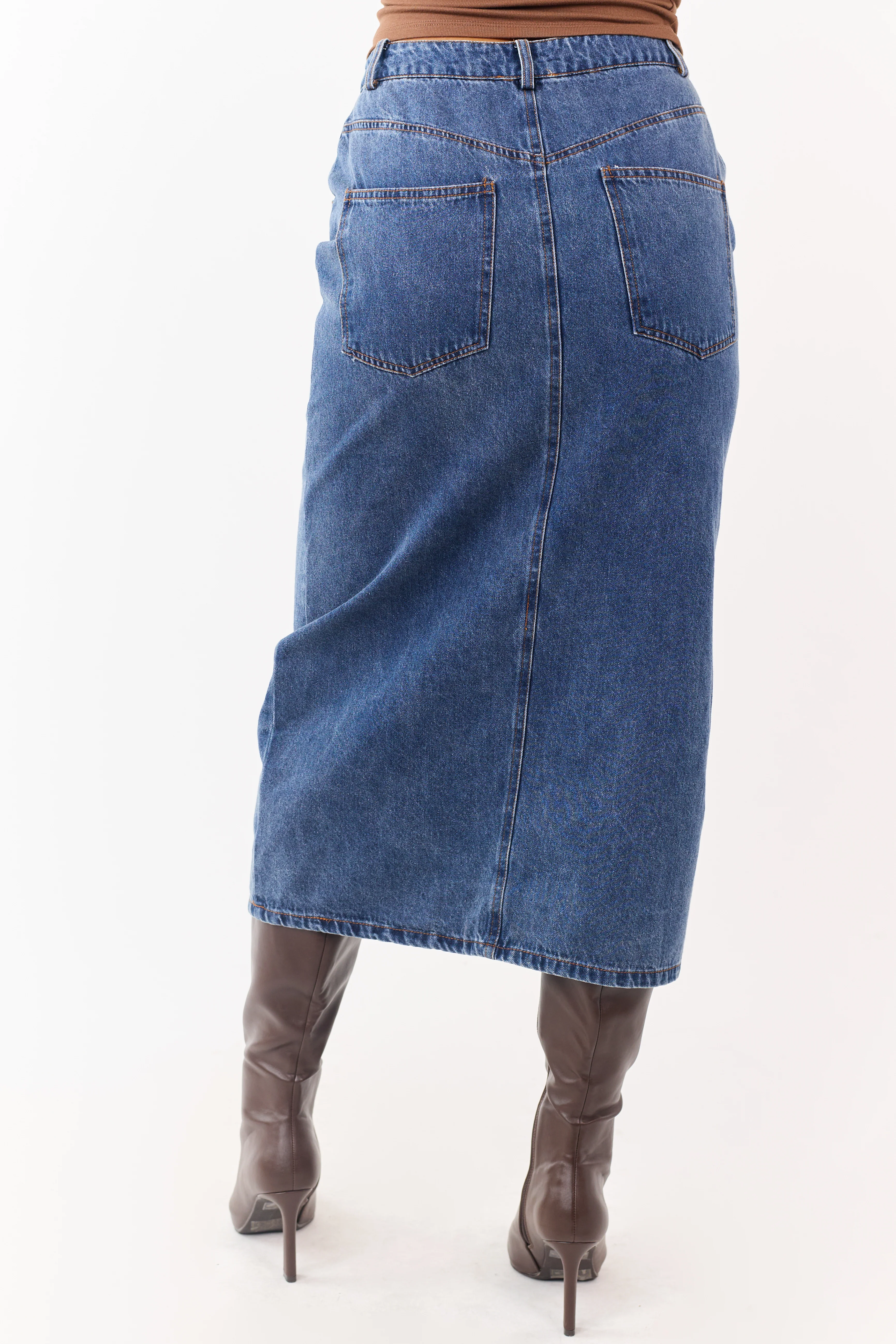 Medium Wash Button Down Denim Midi Skirt - Image 4