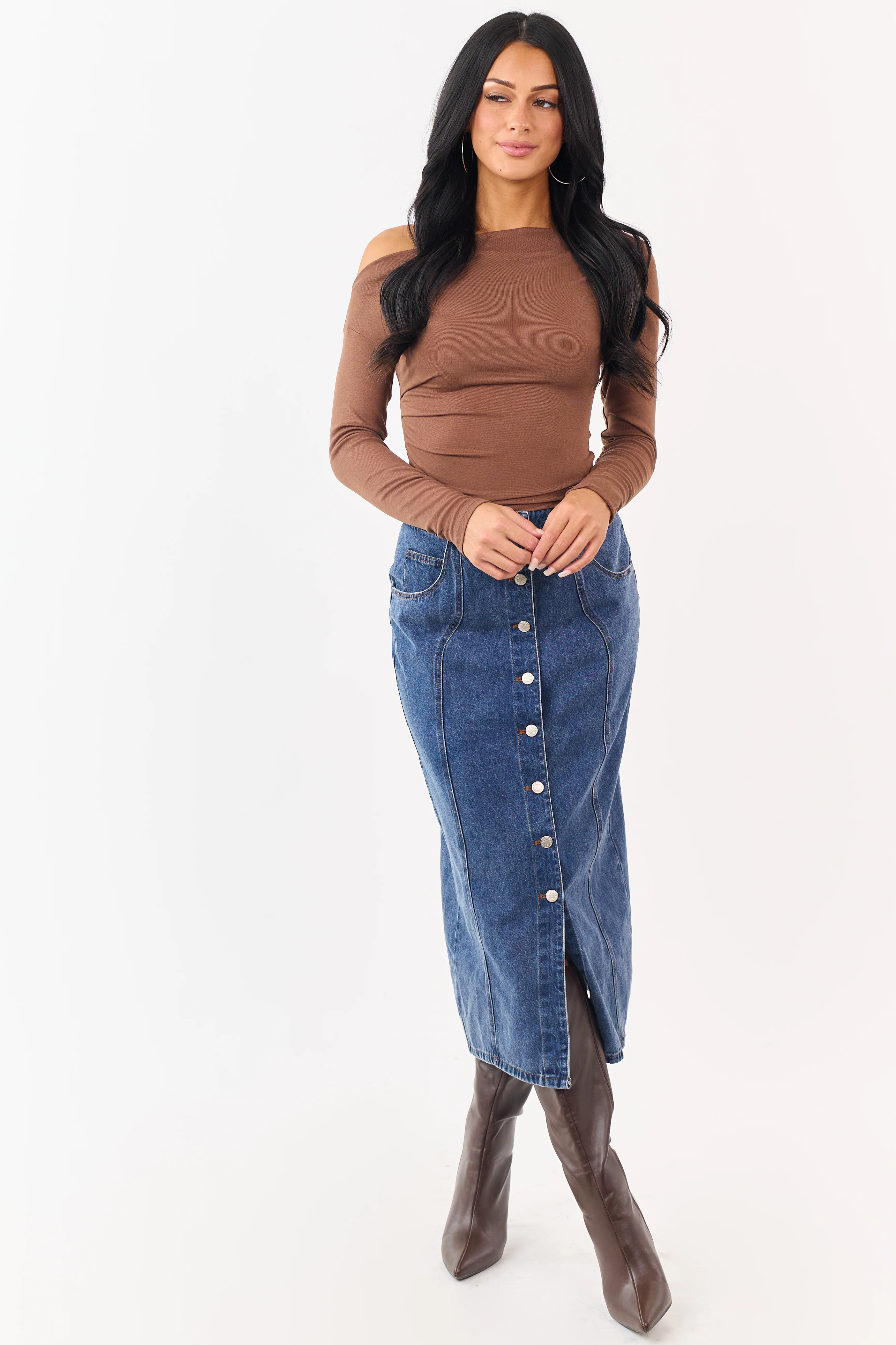 Medium Wash Button Down Denim Midi Skirt - Image 5