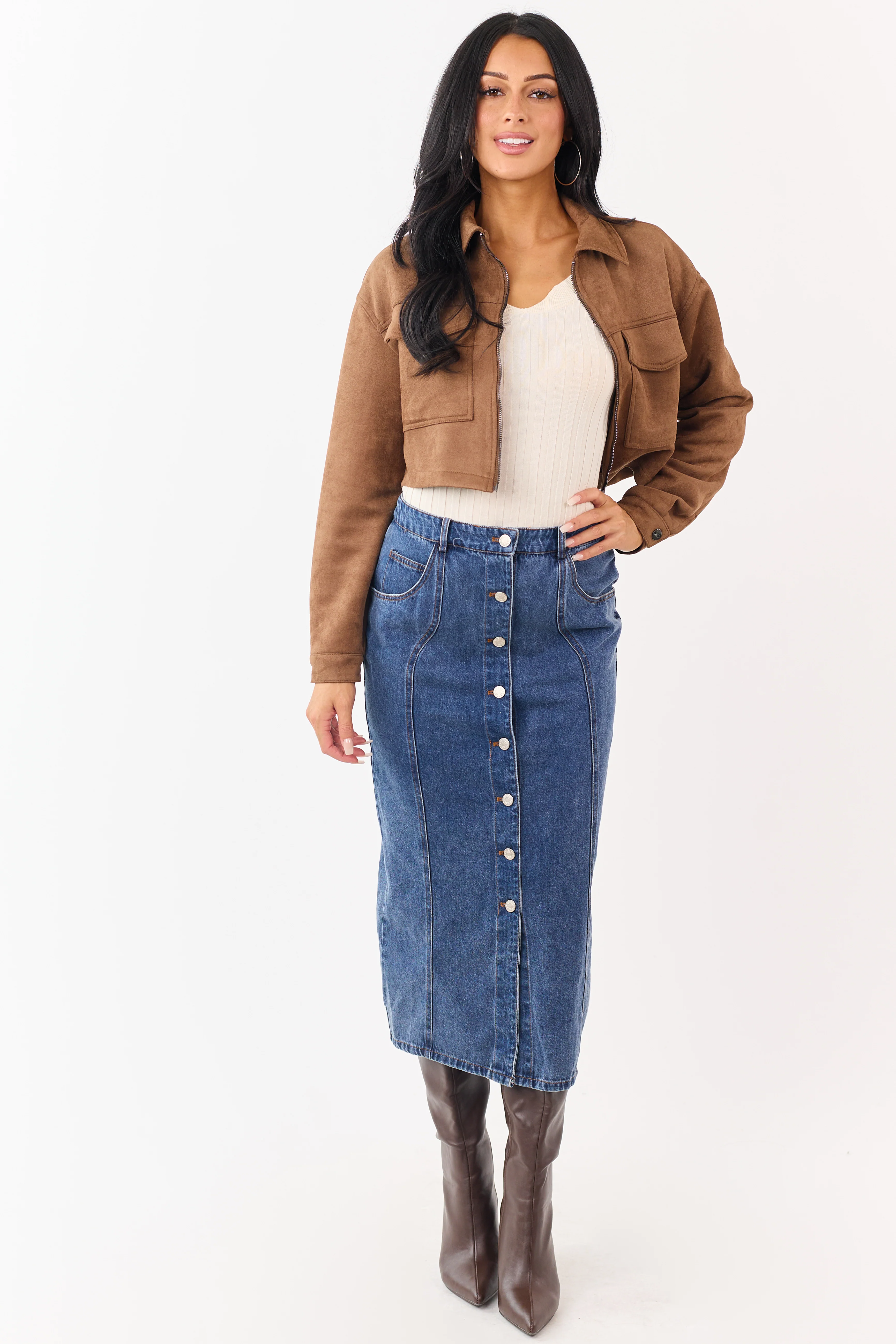 Medium Wash Button Down Denim Midi Skirt - Image 7