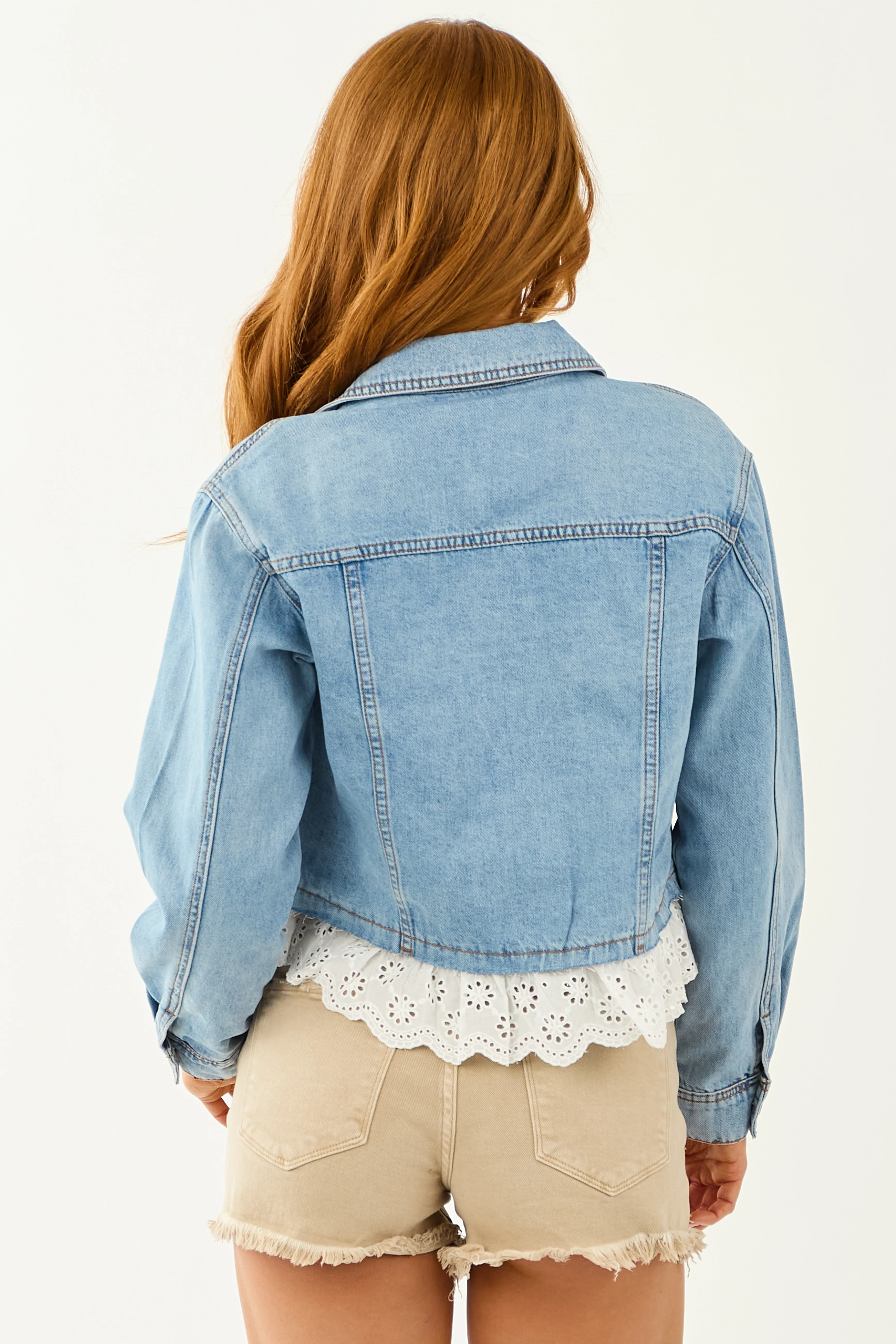 Medium Wash Button Down Lace Trim Denim Jacket - Image 6