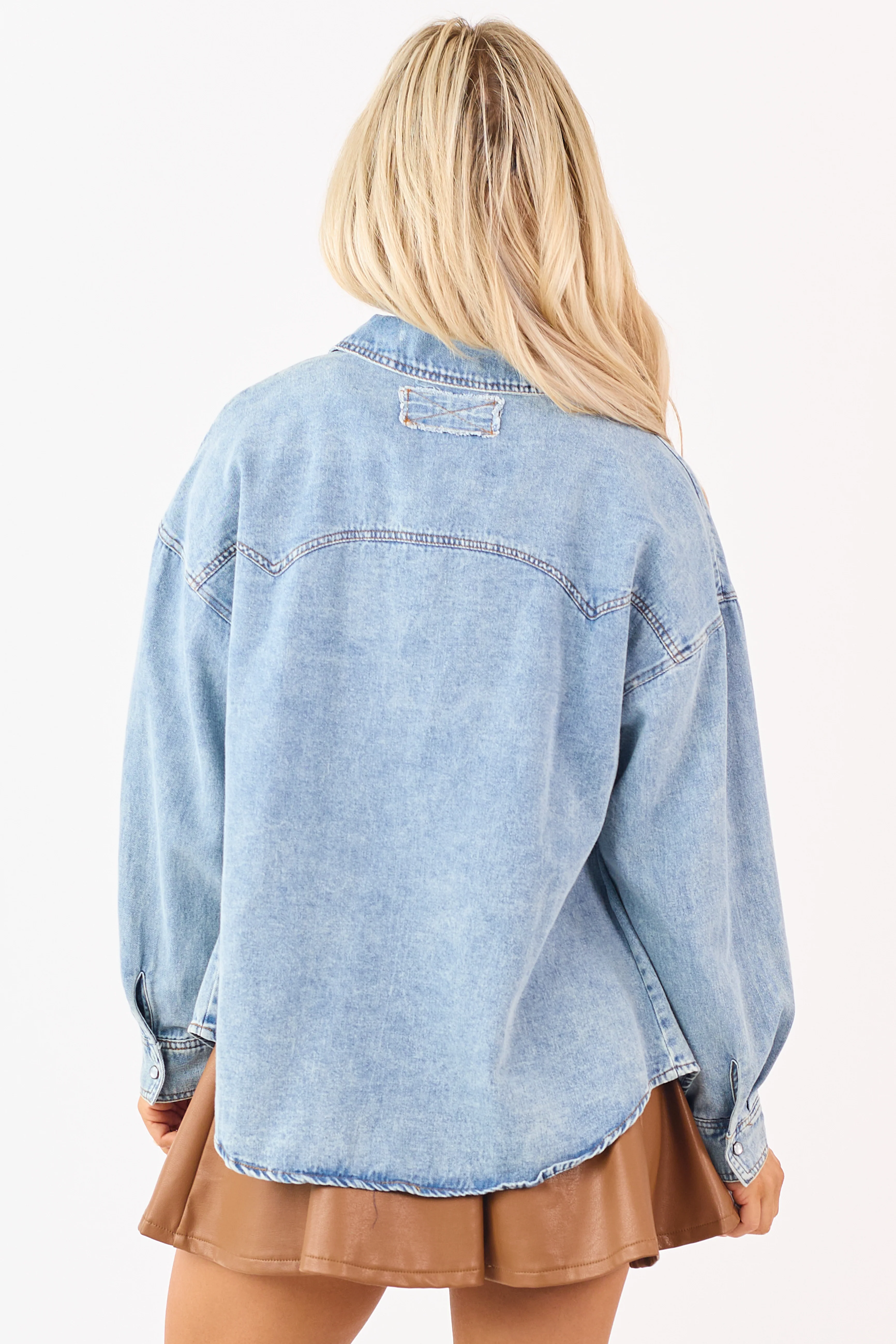 Medium Wash Button Up Long Sleeve Denim Top - Image 5