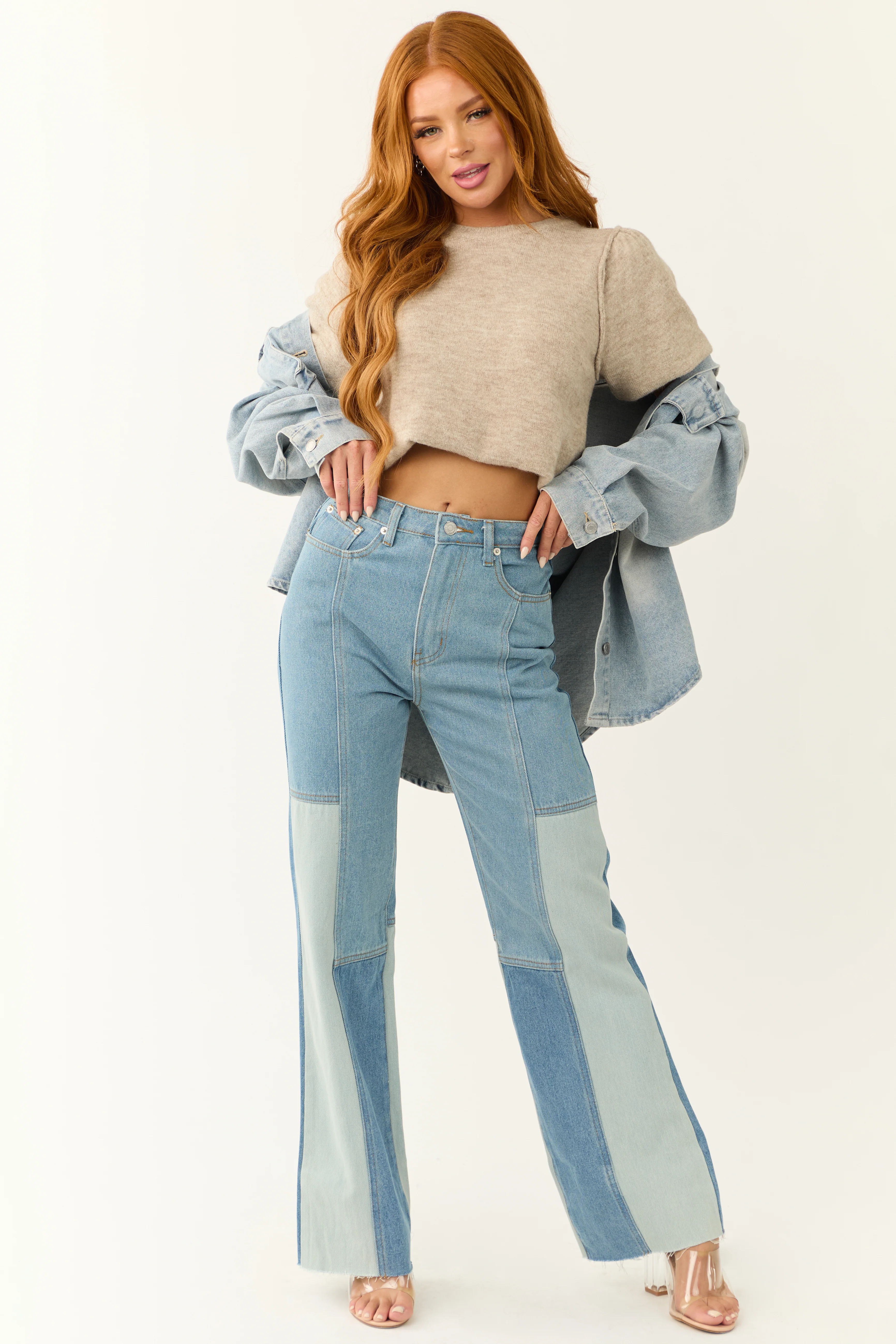Medium Wash Colorblock Wide Leg Jeans - Image 2