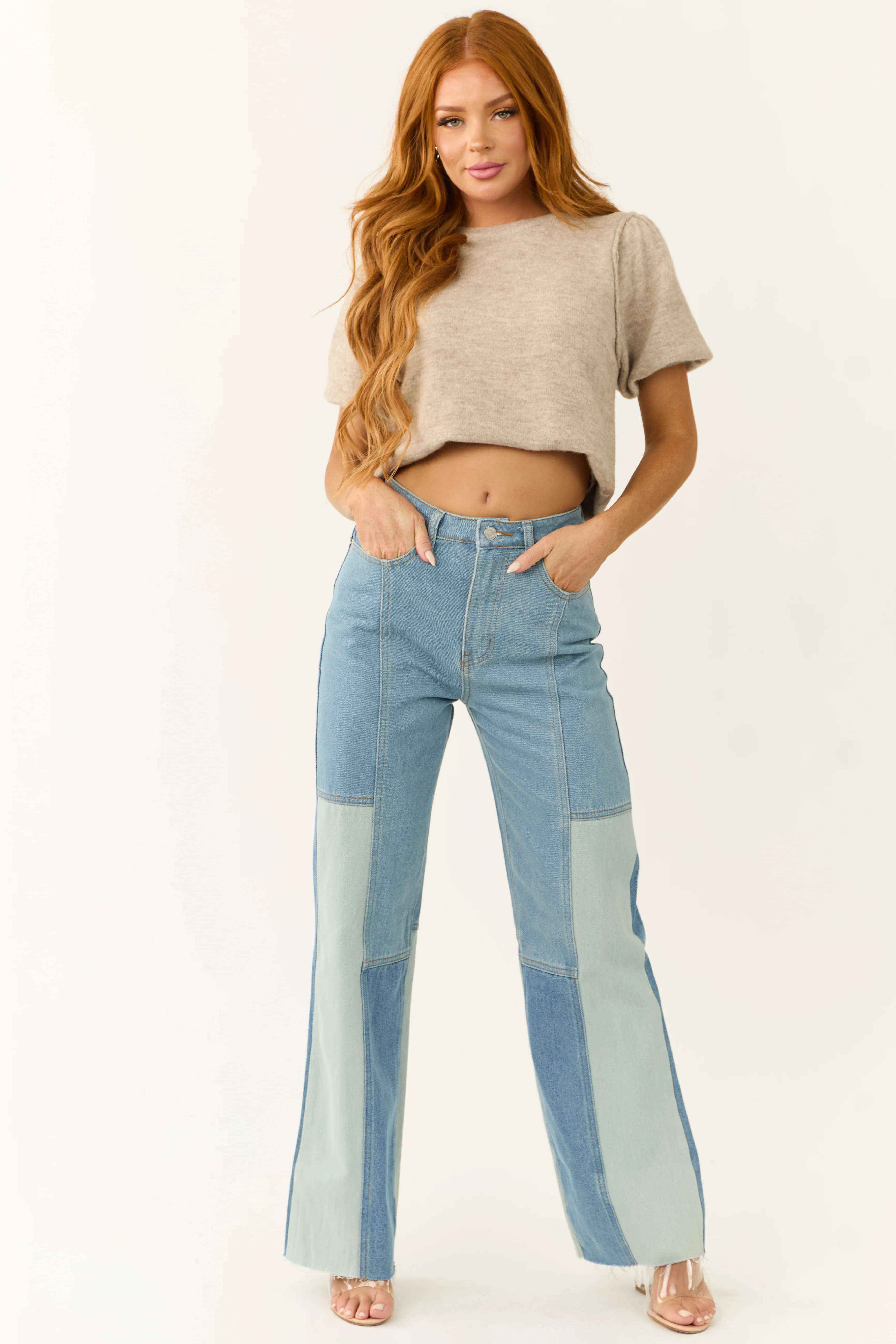 Medium Wash Colorblock Wide Leg Jeans - Image 5