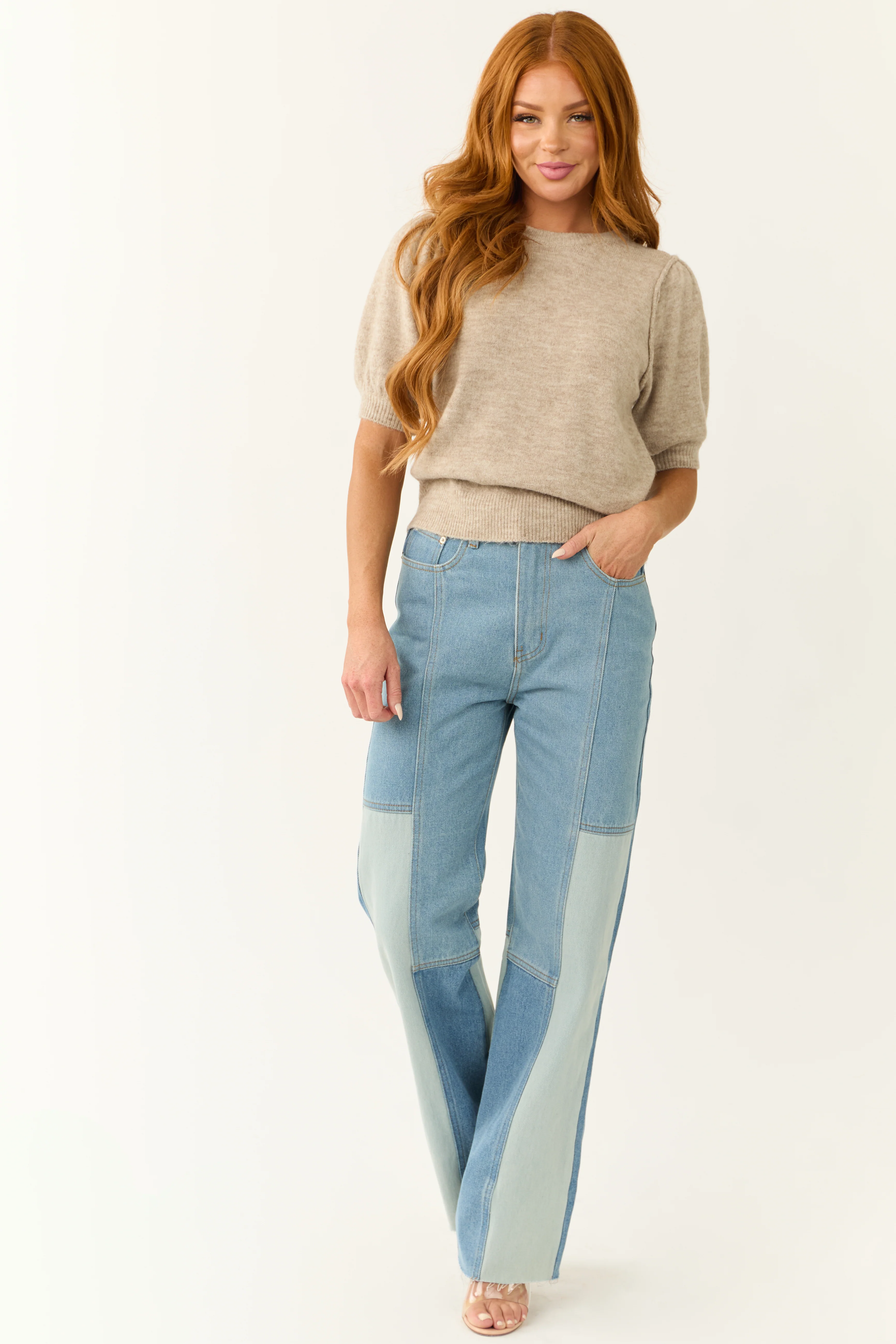 Medium Wash Colorblock Wide Leg Jeans - Image 6