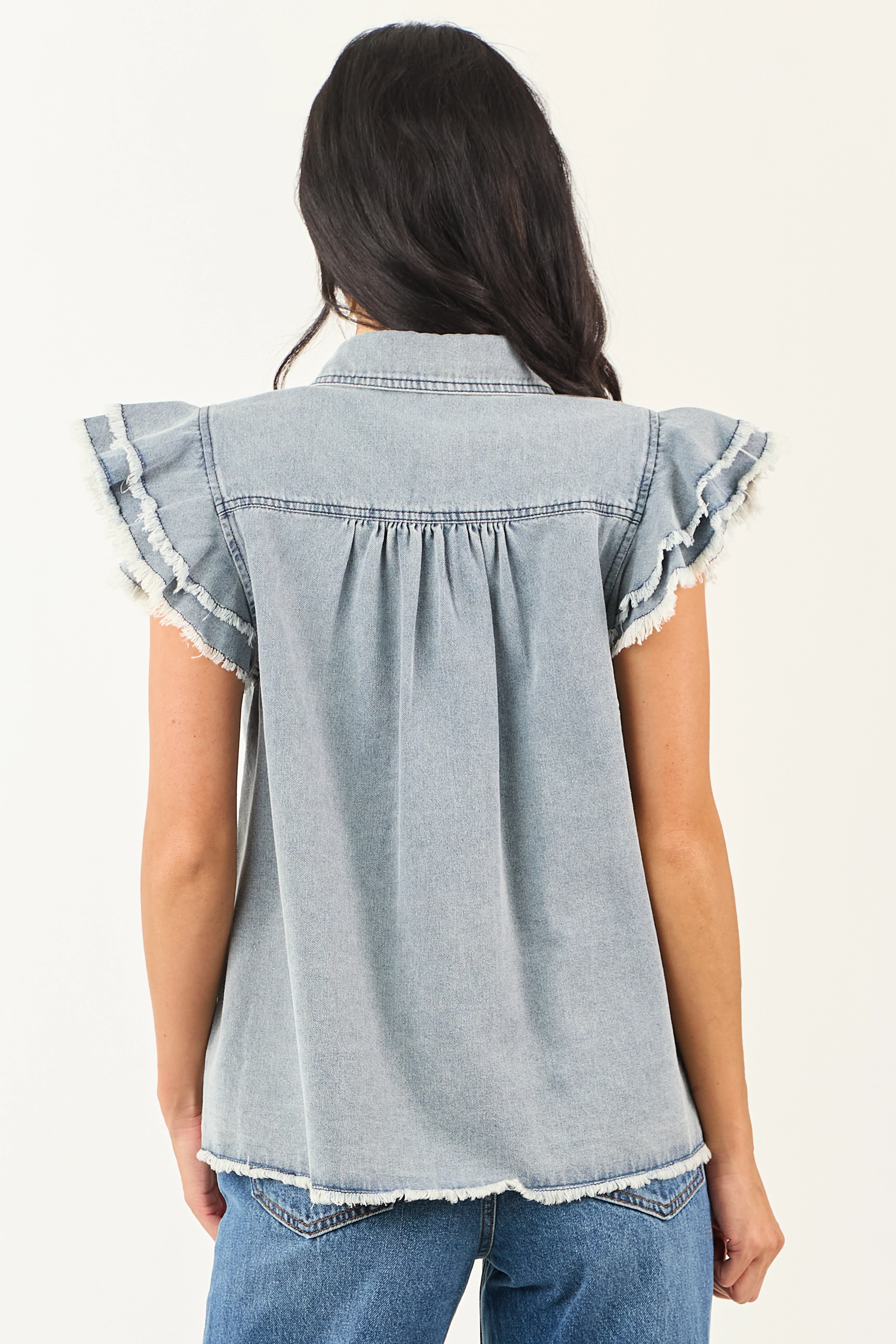 Medium Wash Denim Button Down Ruffle Cap Sleeve Top - Image 5