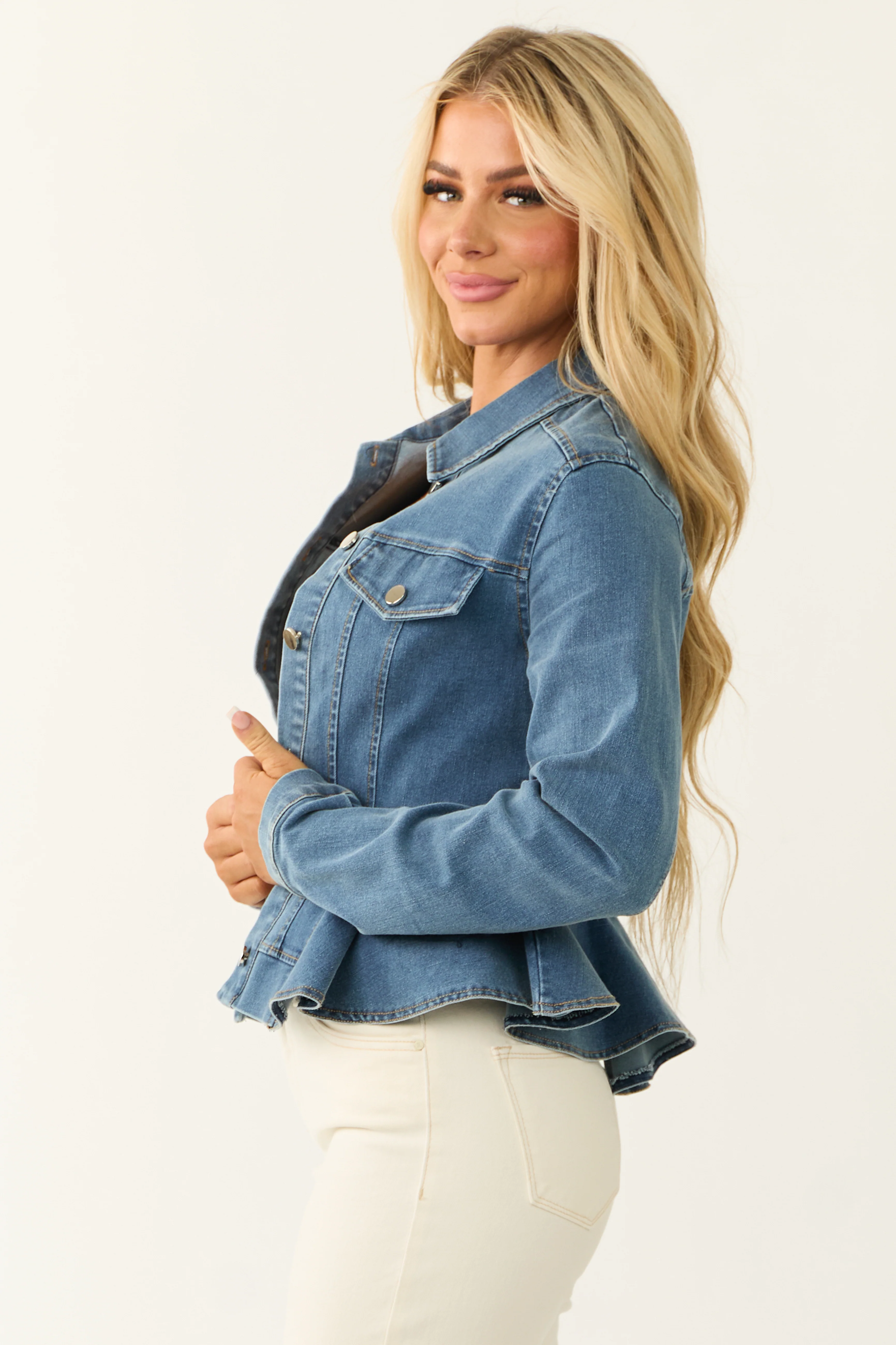 Medium Wash Denim Button Up Peplum Jacket - Image 6