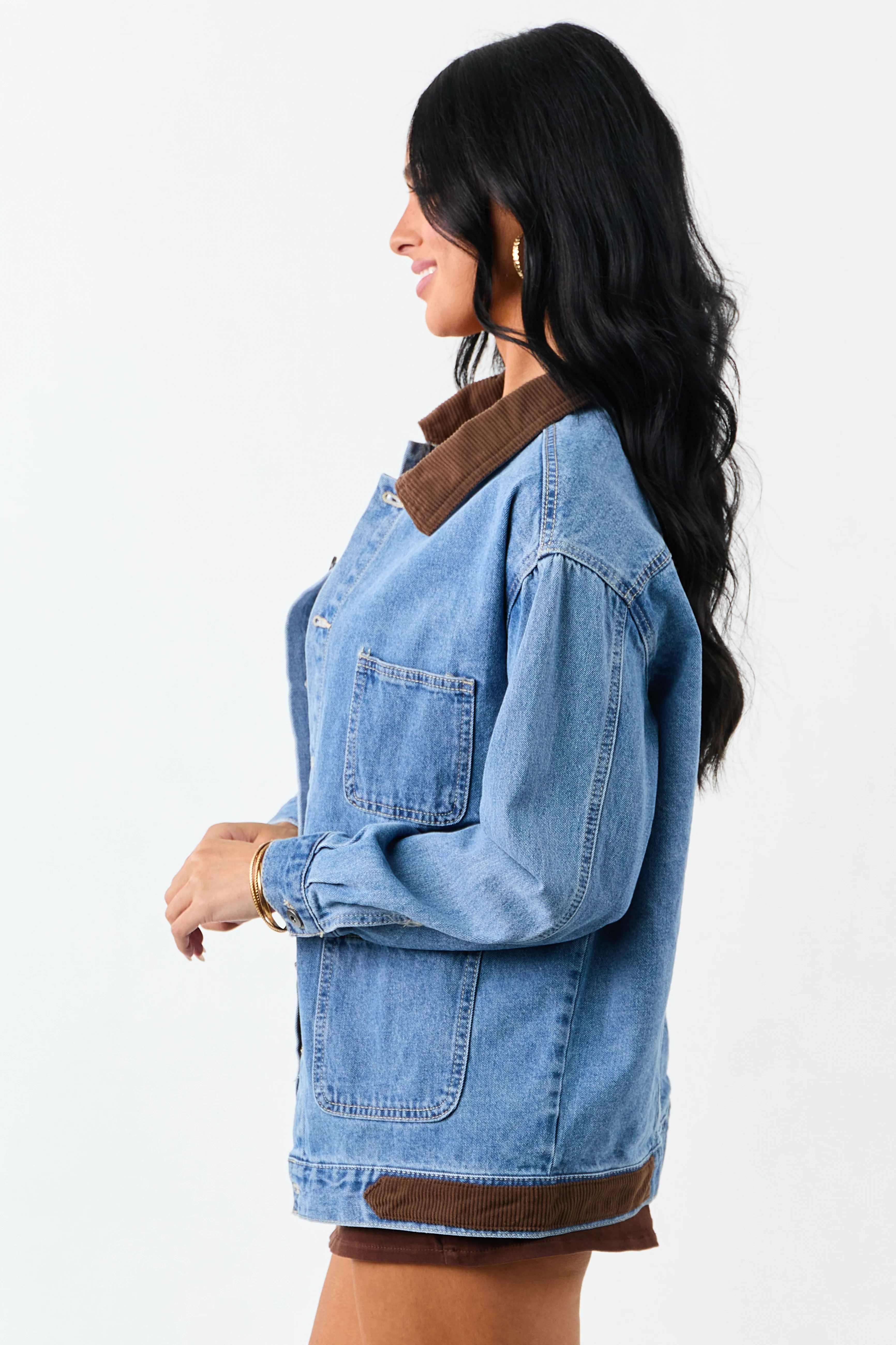 Medium Wash Denim Contrast Corduroy Collar Jacket - Image 6