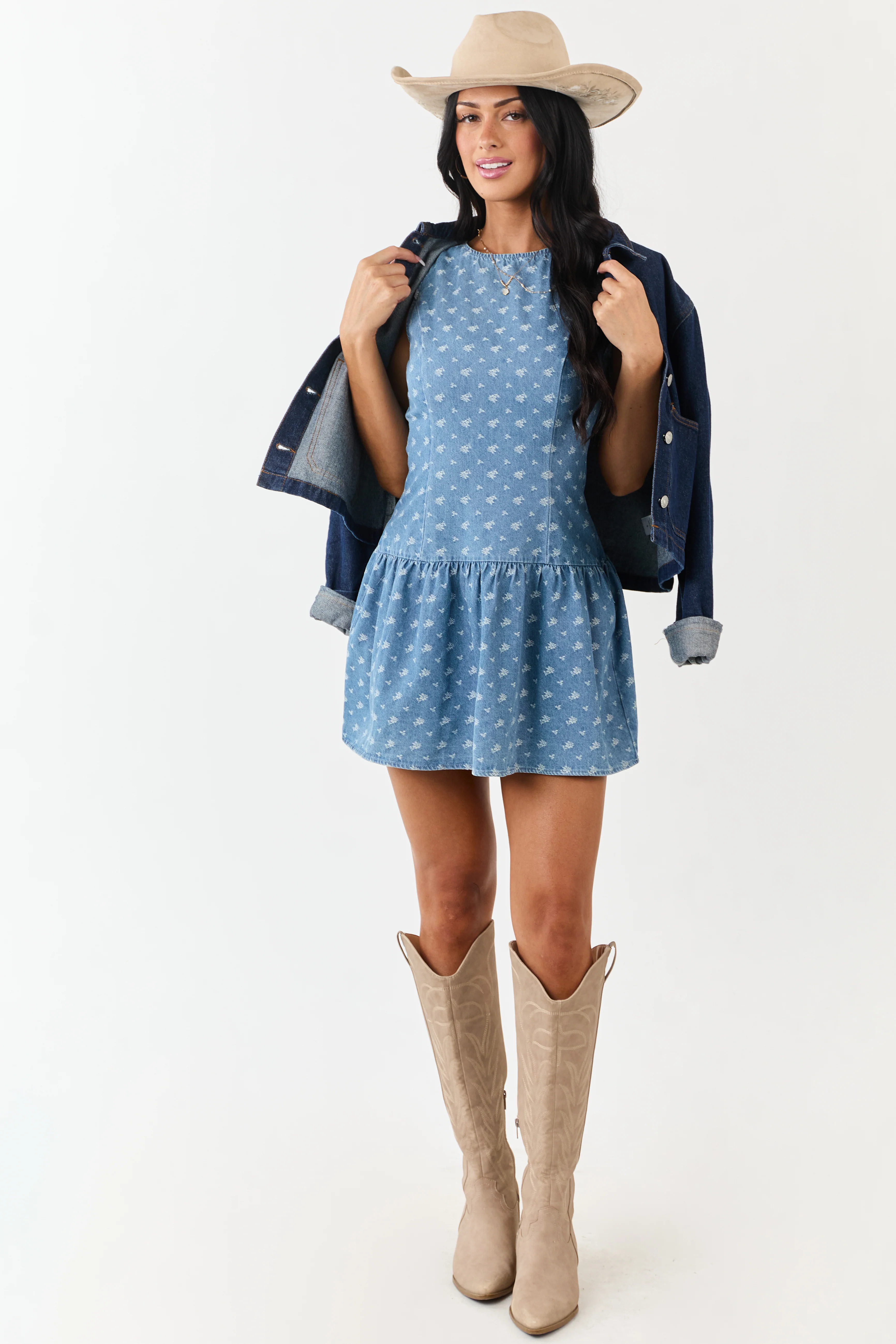 Medium Wash Denim Embroidered Mini Dress - Image 3