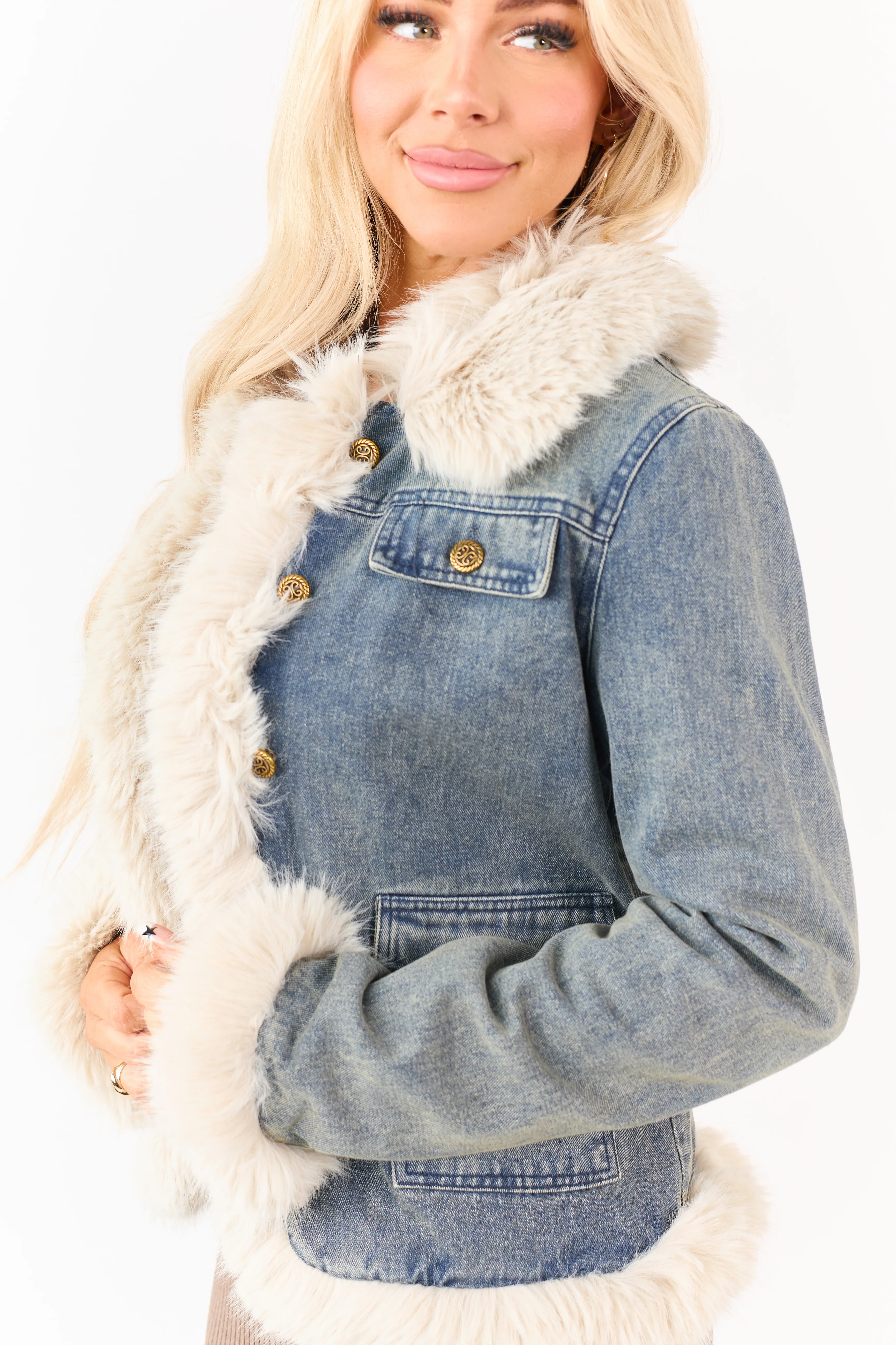 Medium Wash Denim Faux Fur Trim Button Up Jacket - Image 3