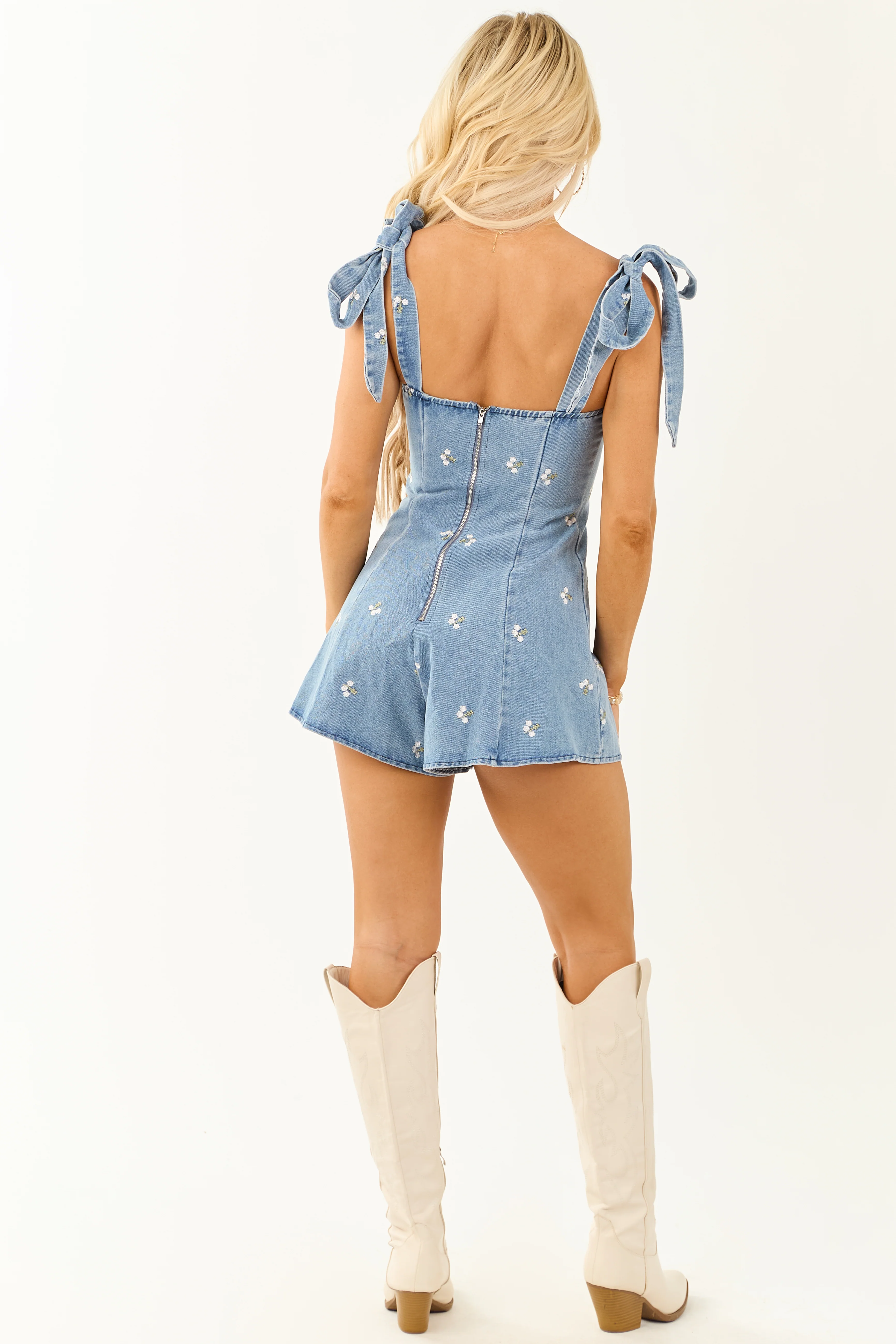 Medium Wash Denim Floral Embroidered Romper - Image 6