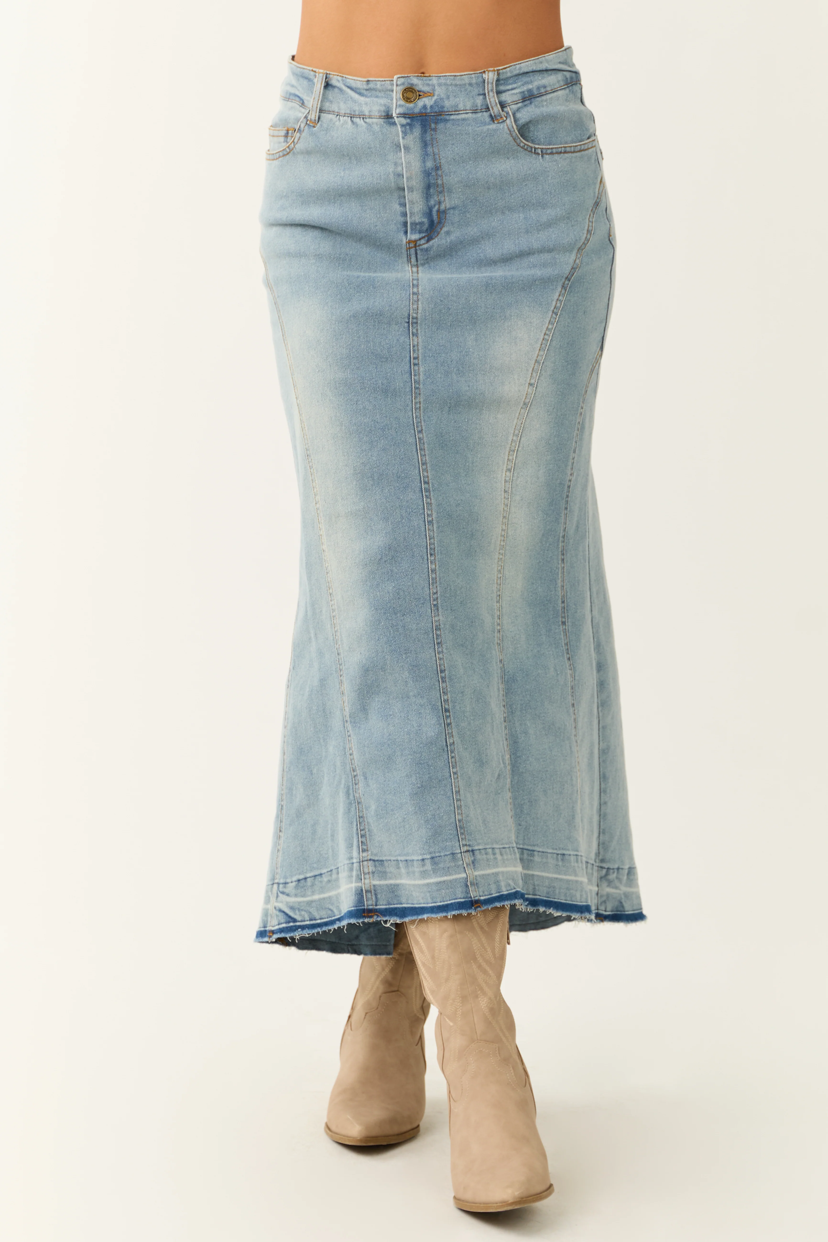 Medium Wash Denim High Low Maxi Skirt - Image 3