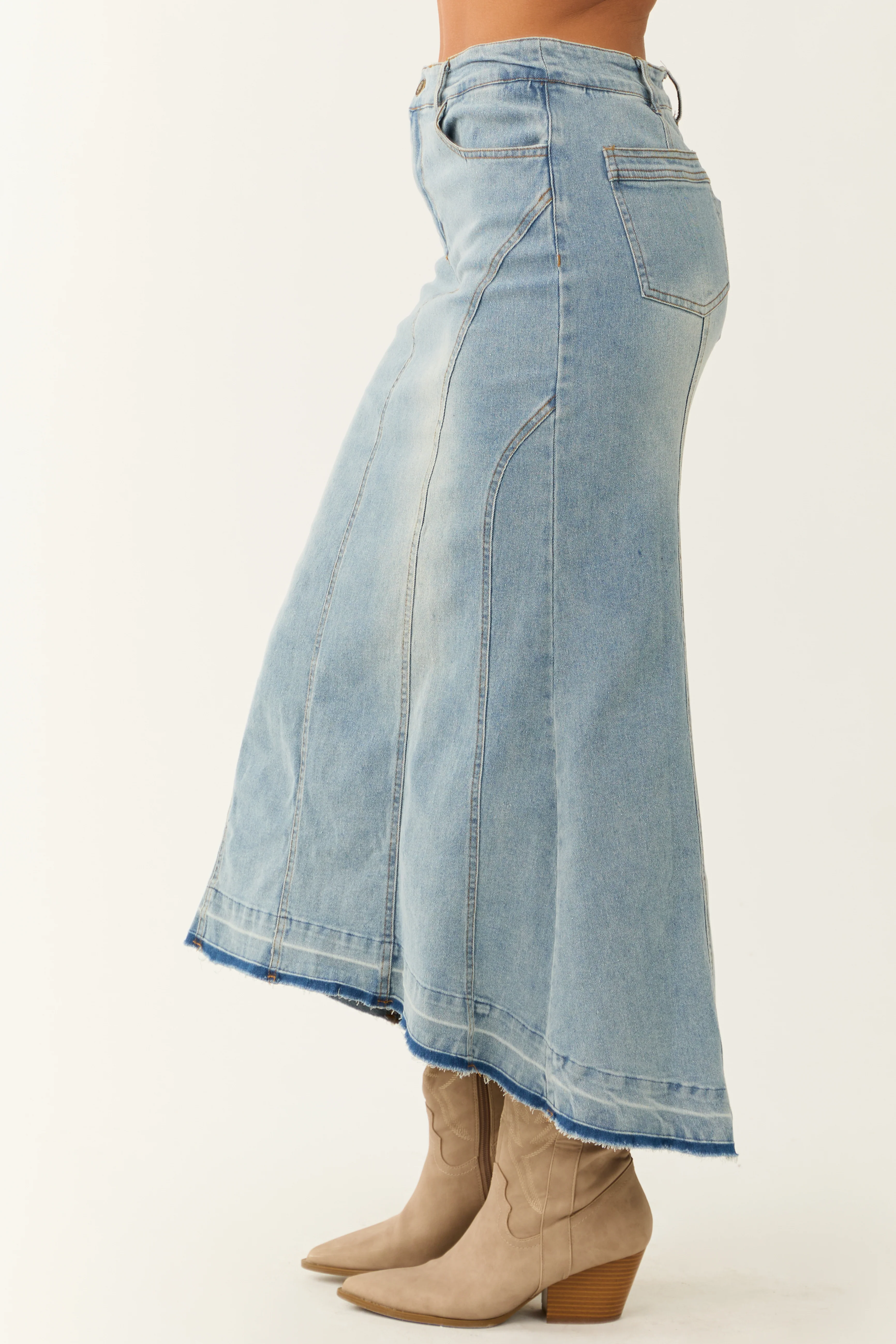 Medium Wash Denim High Low Maxi Skirt - Image 4