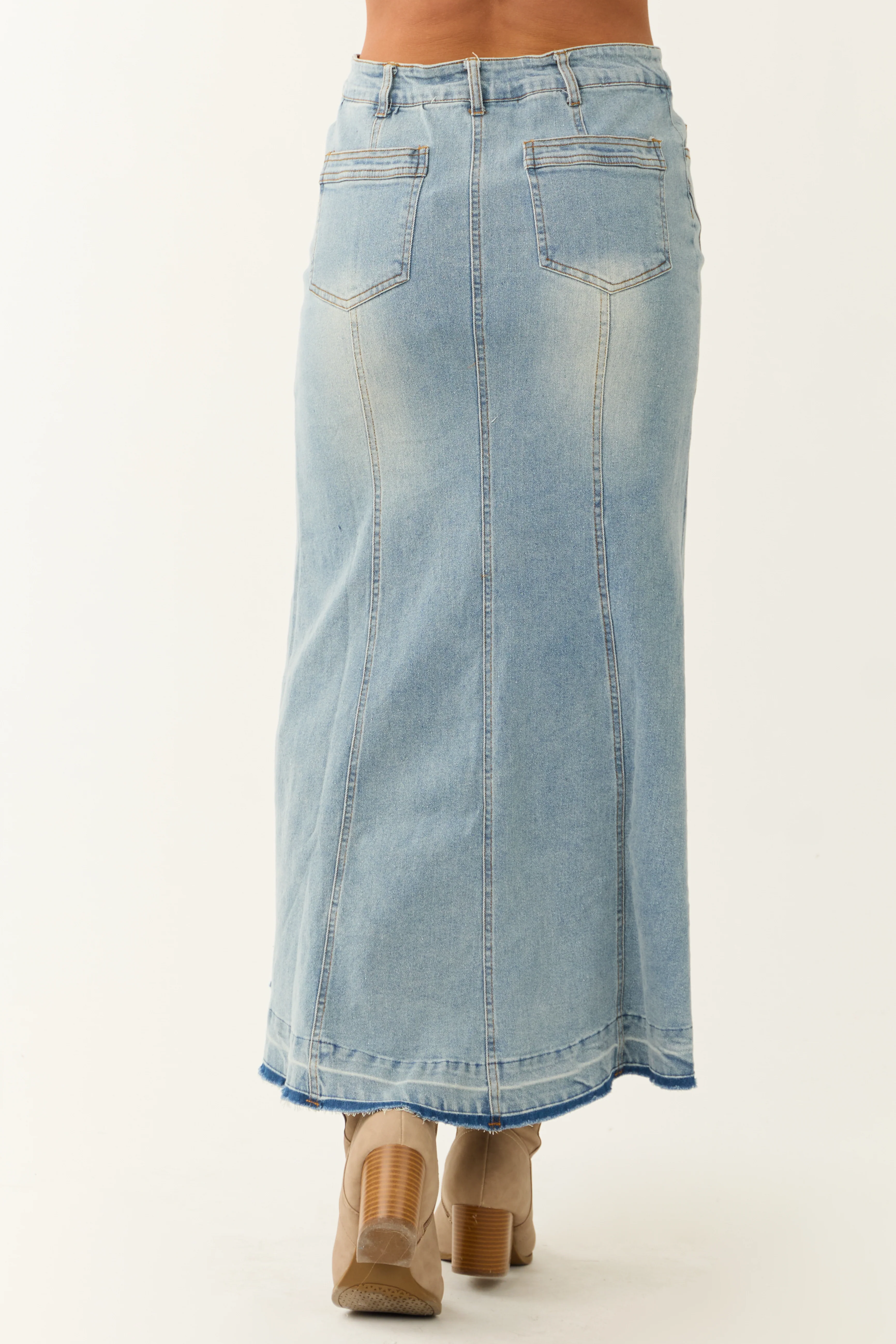 Medium Wash Denim High Low Maxi Skirt - Image 5