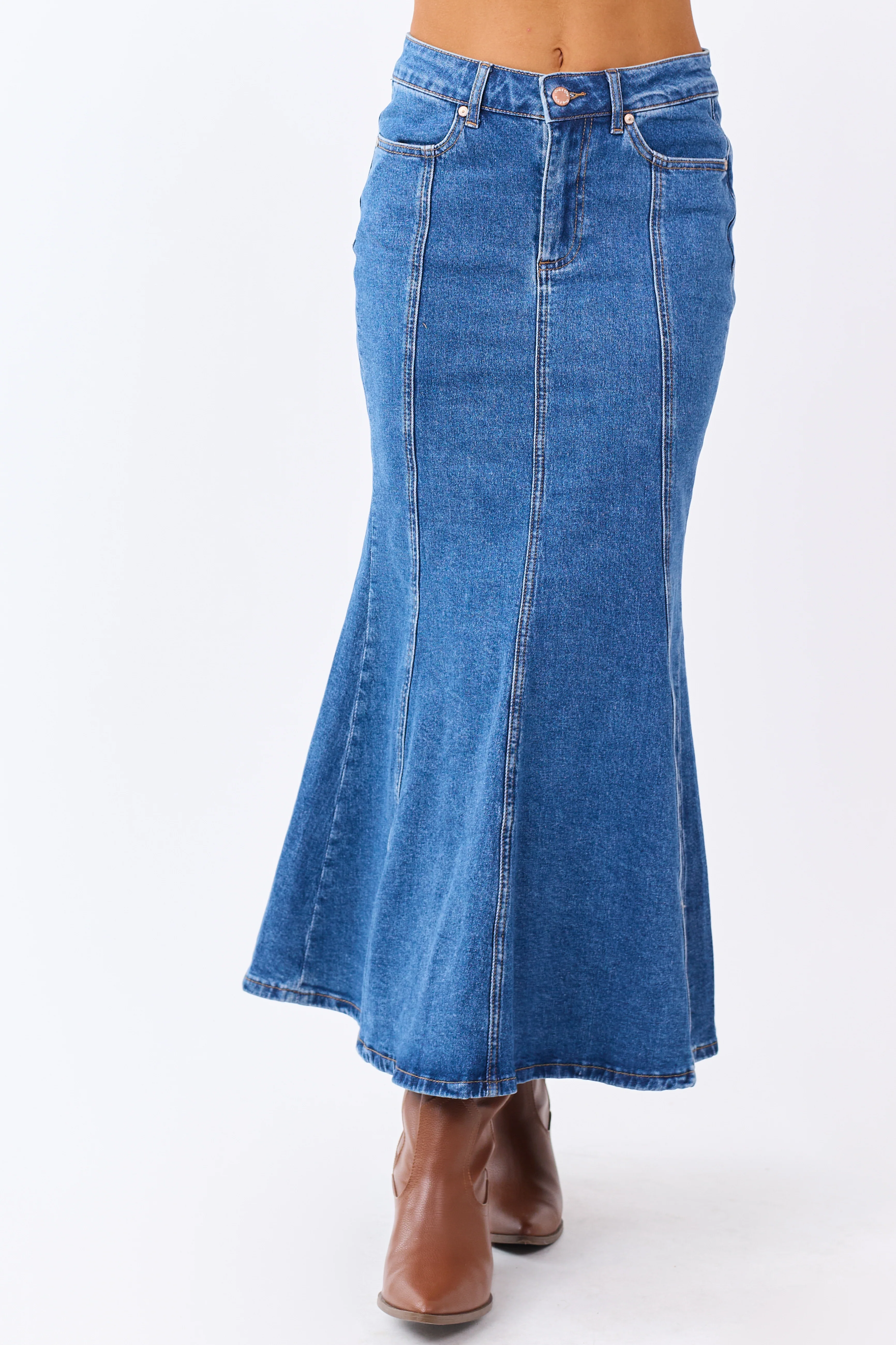 Medium Wash Denim Mermaid Hem Maxi Skirt - Image 2