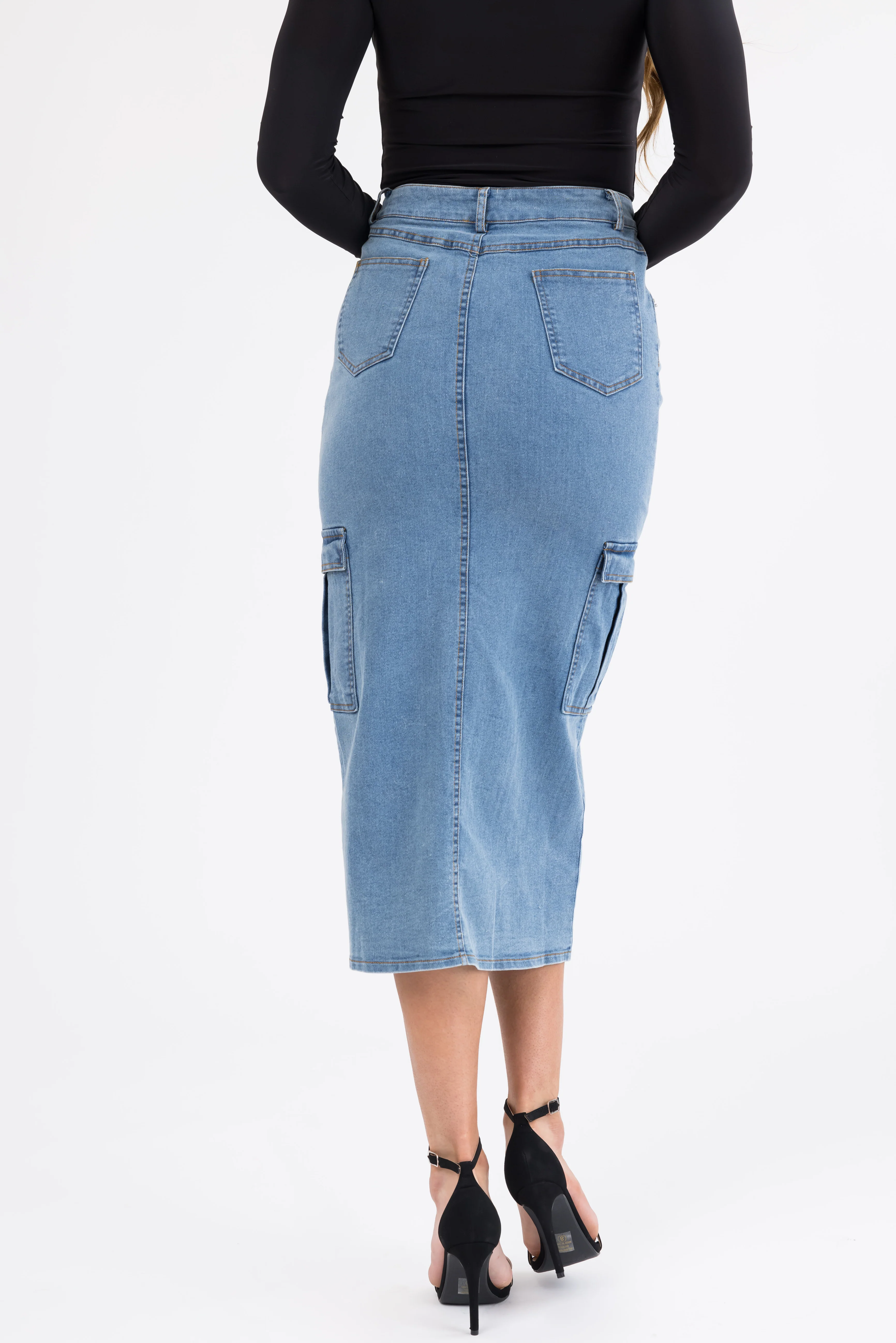 Medium Wash Denim Midi Skirt with Slit - Image 4