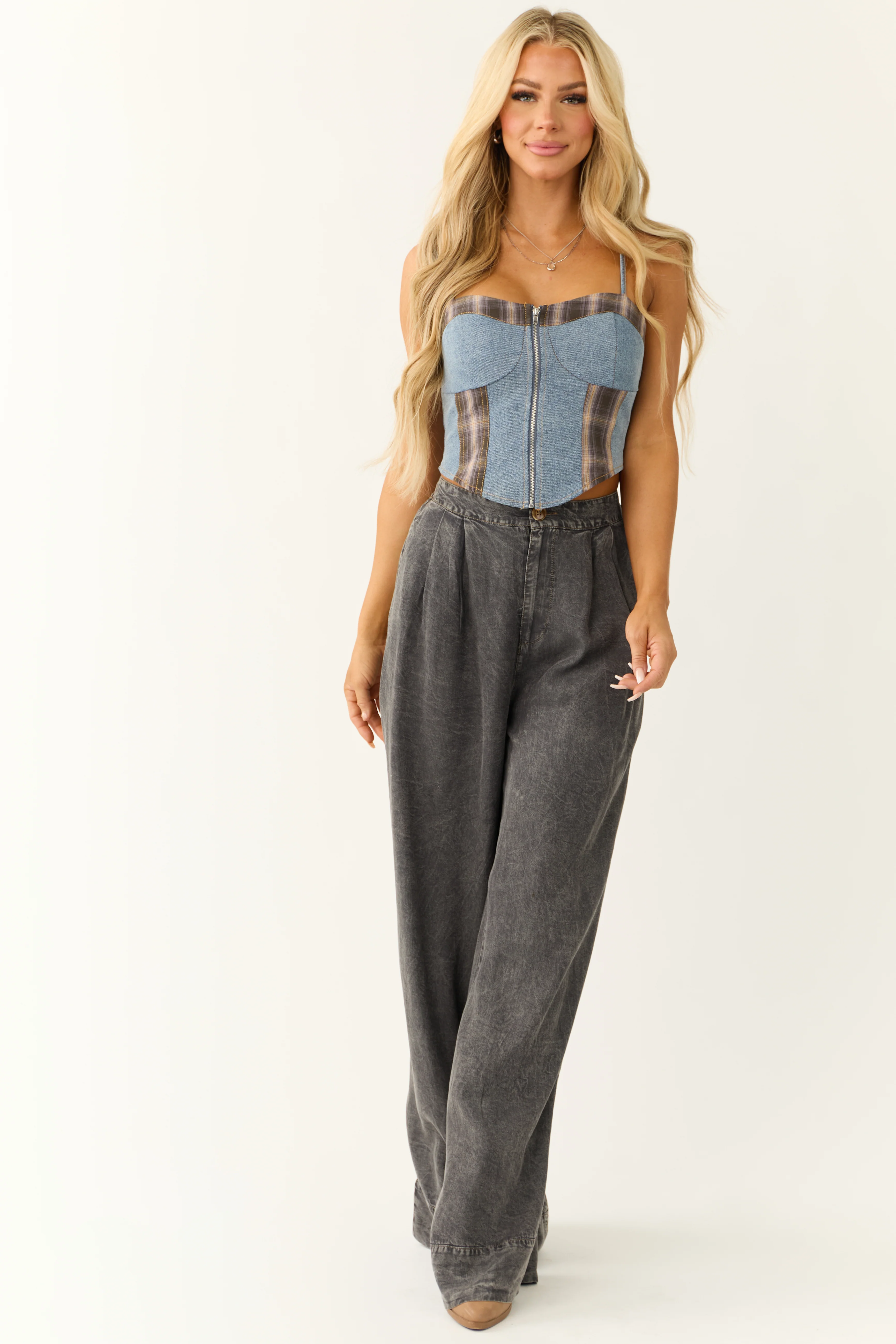 Medium Wash Denim Plaid Contrast Corset Top - Image 2