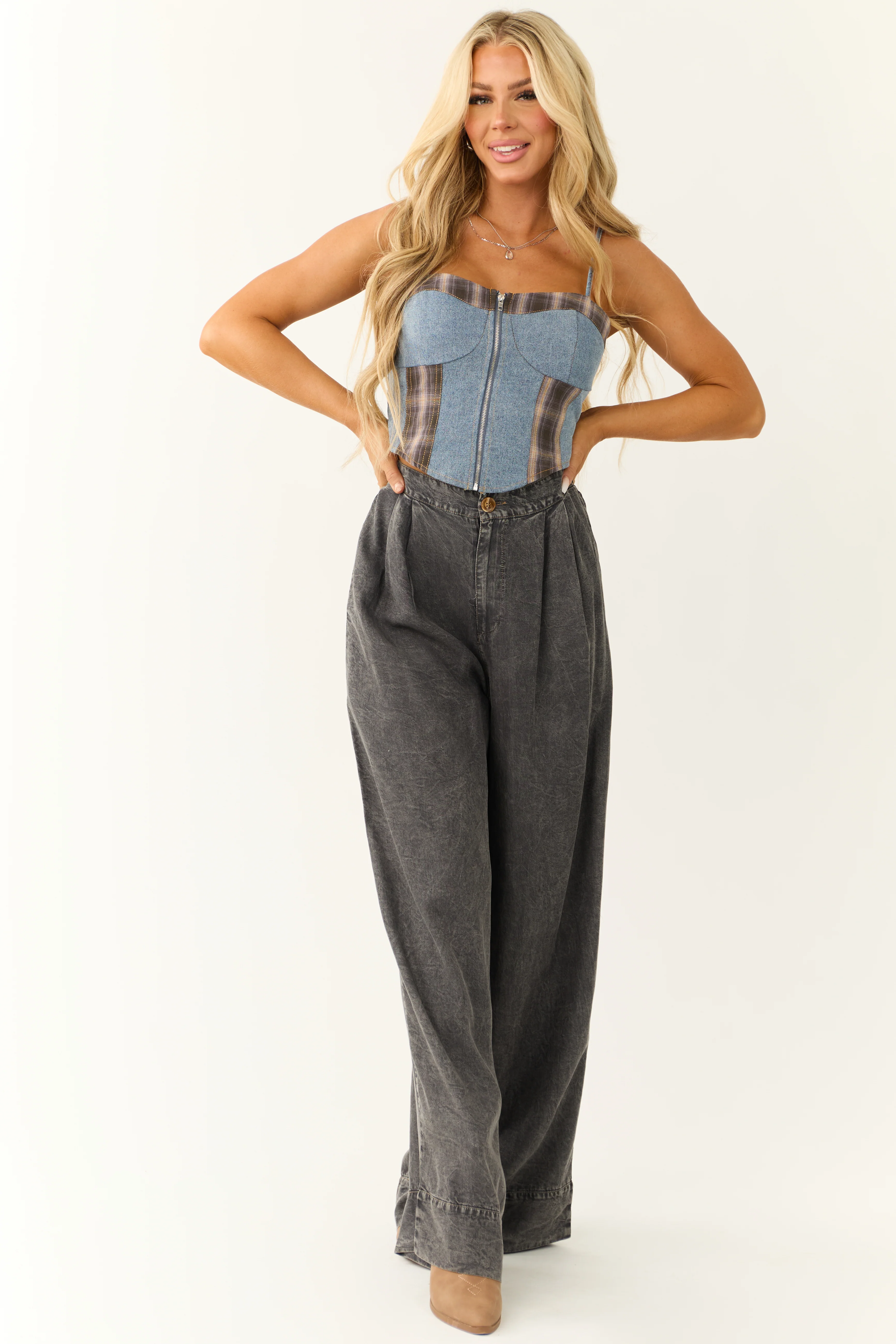 Medium Wash Denim Plaid Contrast Corset Top - Image 3