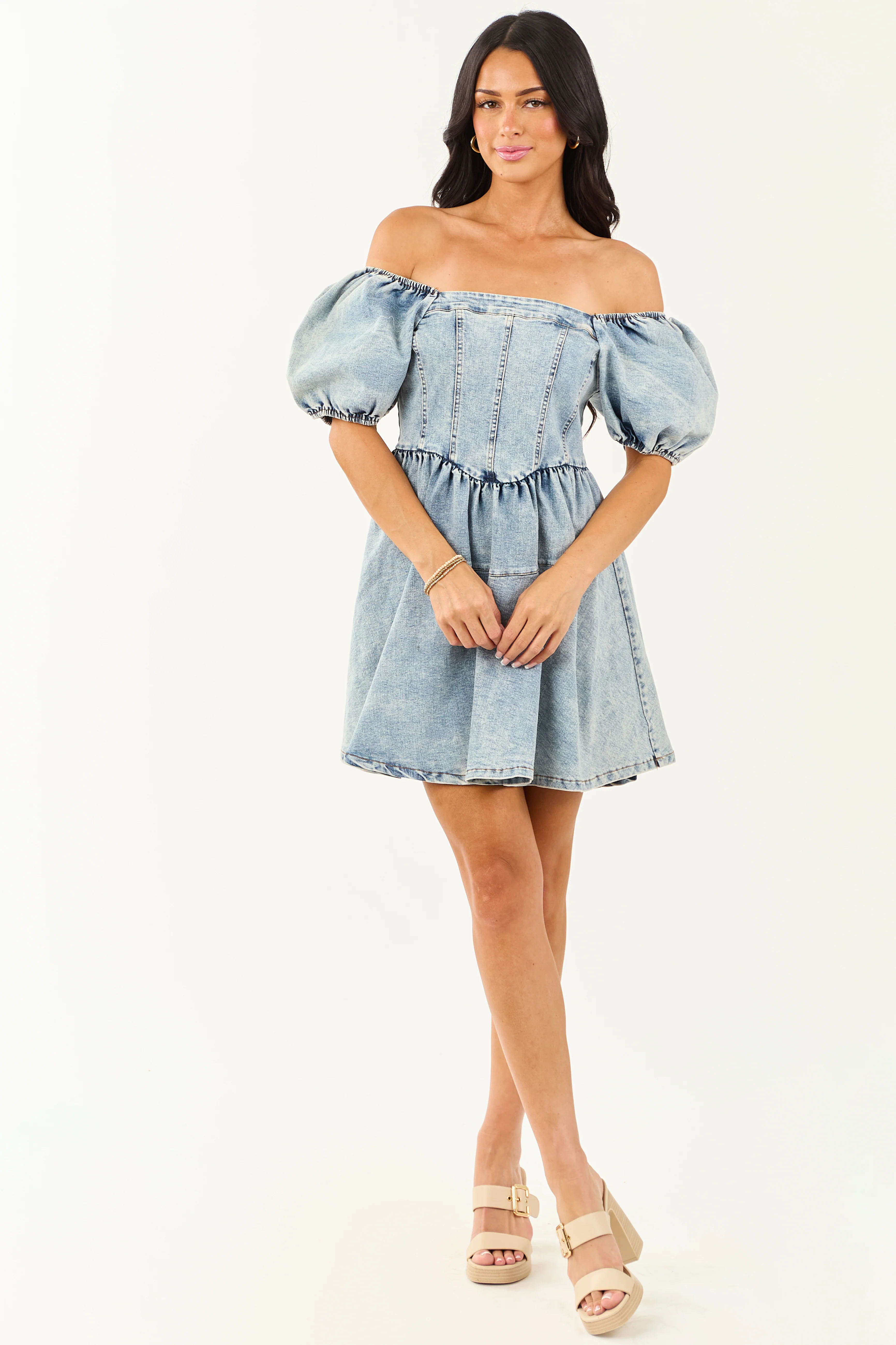 Medium Wash Denim Puff Sleeve Square Neck Mini Dress - Image 4
