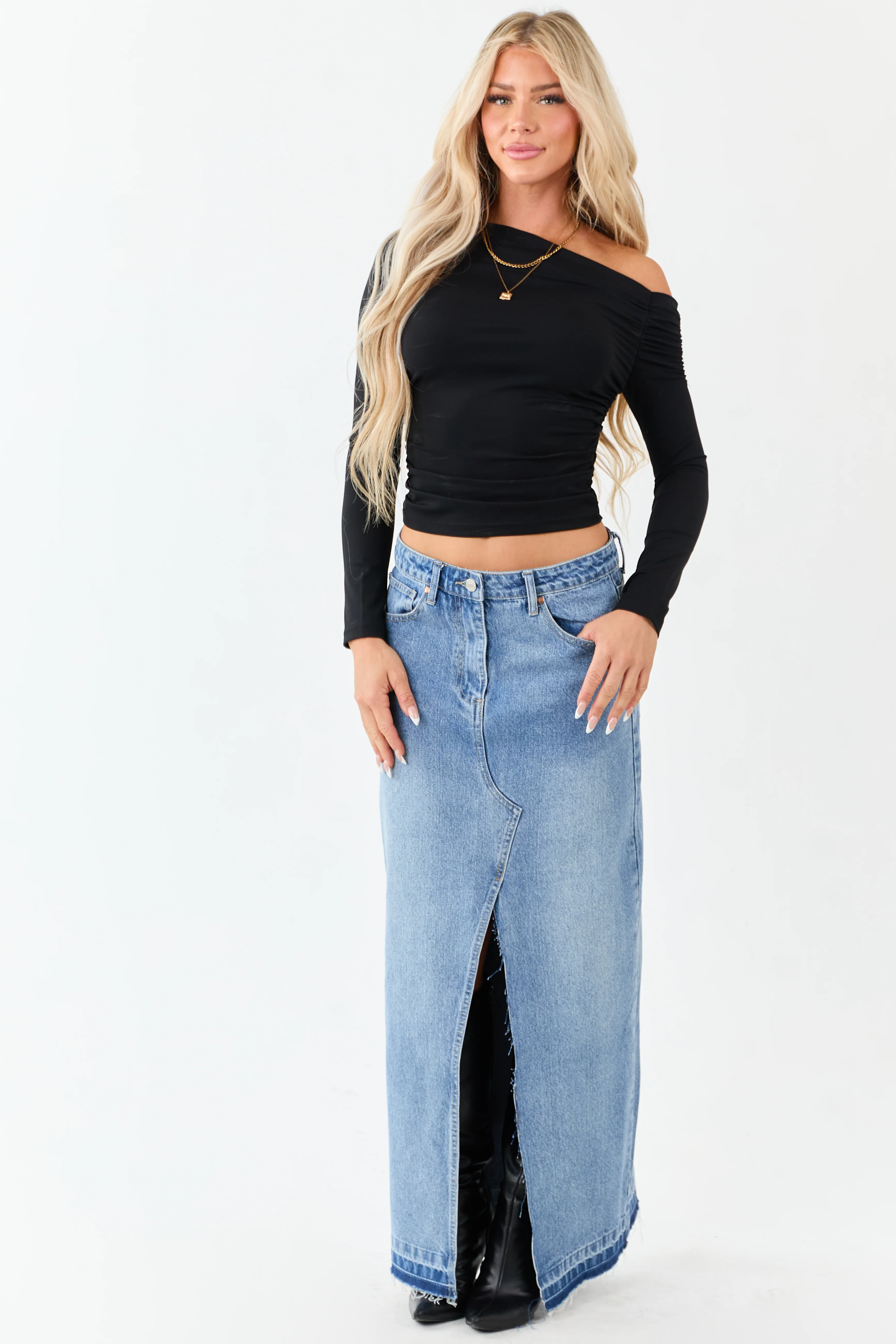 Medium Wash Denim Released Hem Maxi Skirt - Image 5