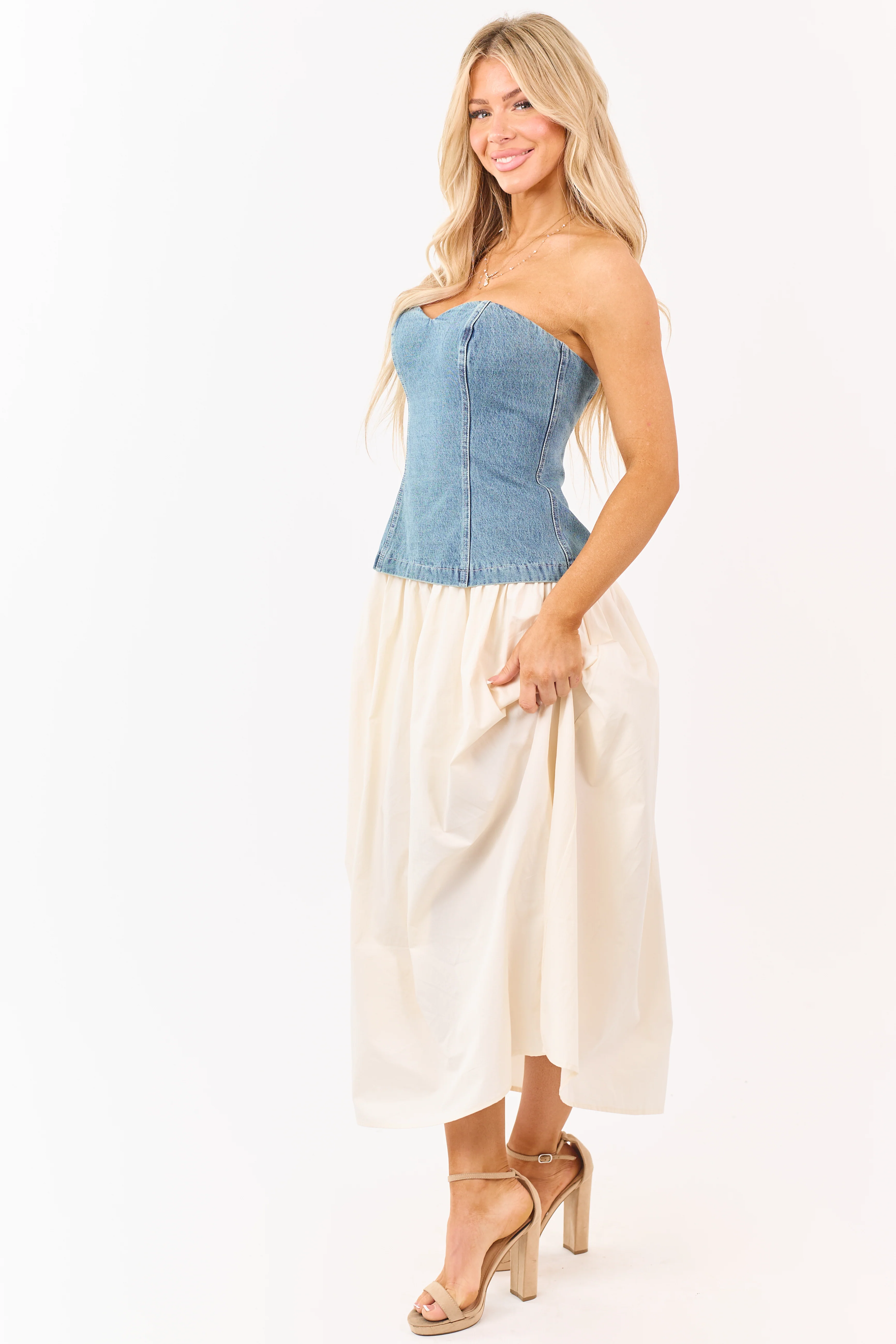 Medium Wash Denim Strapless Contrast Midi Dress - Image 6