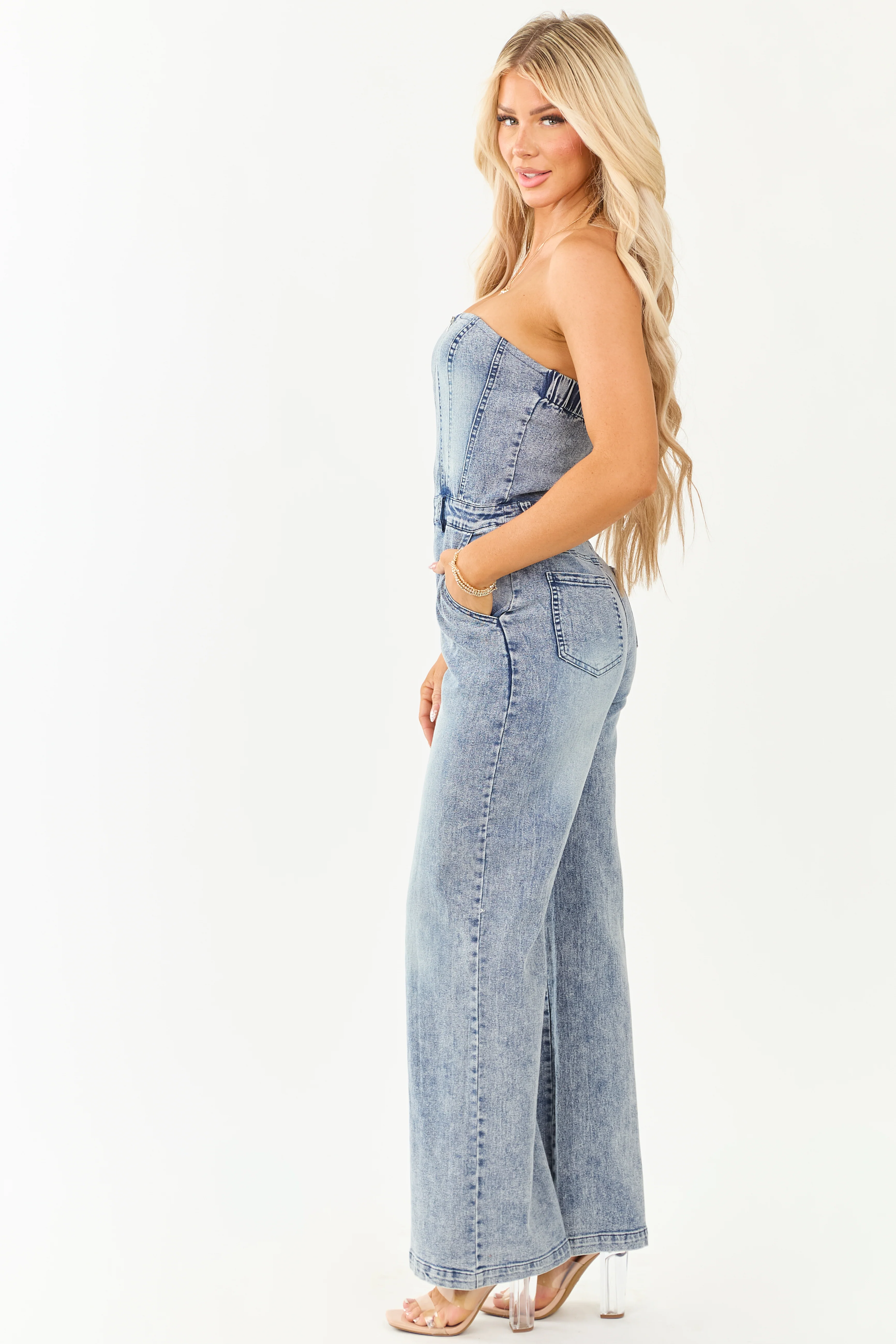 Medium Wash Denim Strapless Wide Leg Jumpsuit - Image 6