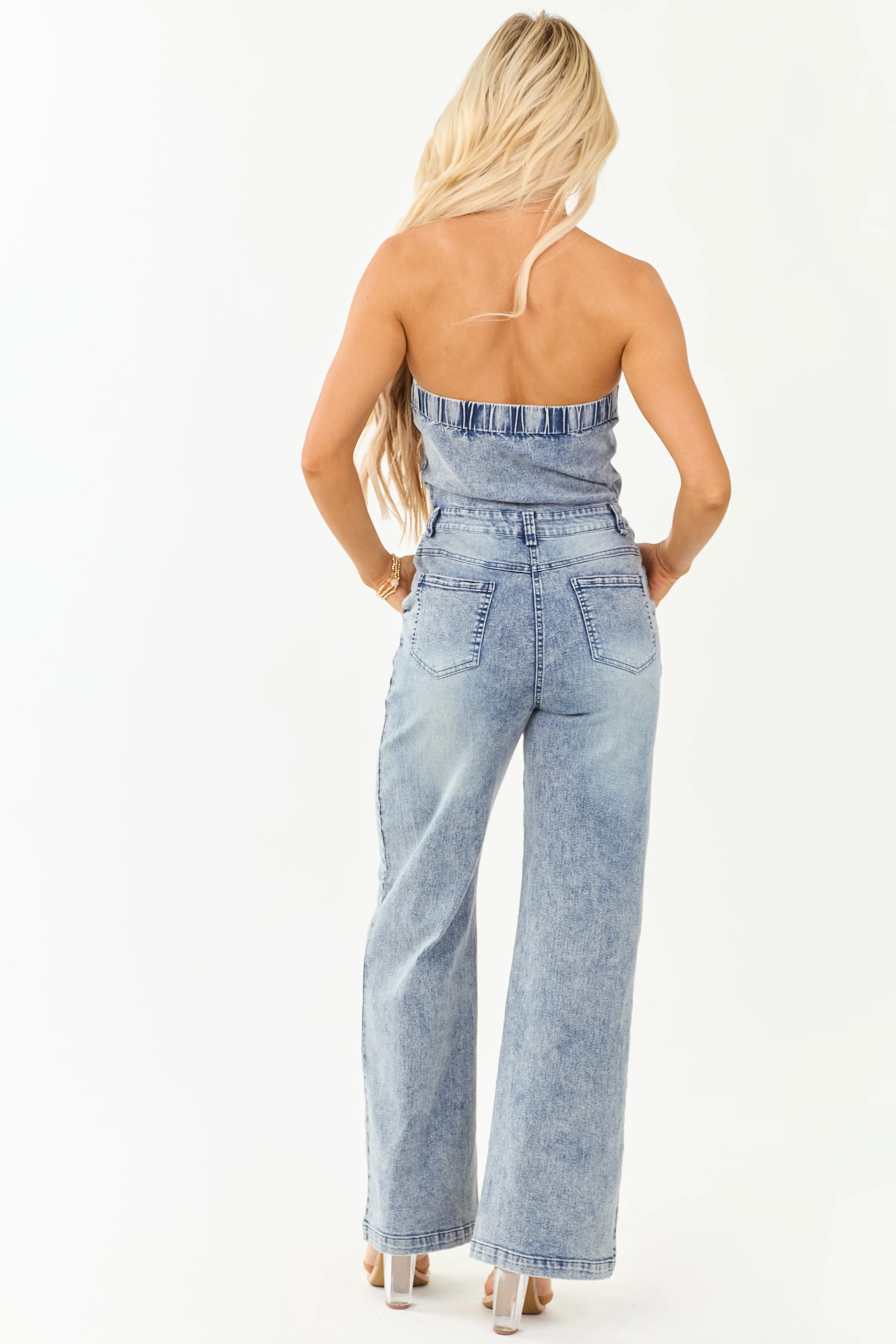 Medium Wash Denim Strapless Wide Leg Jumpsuit - Image 7