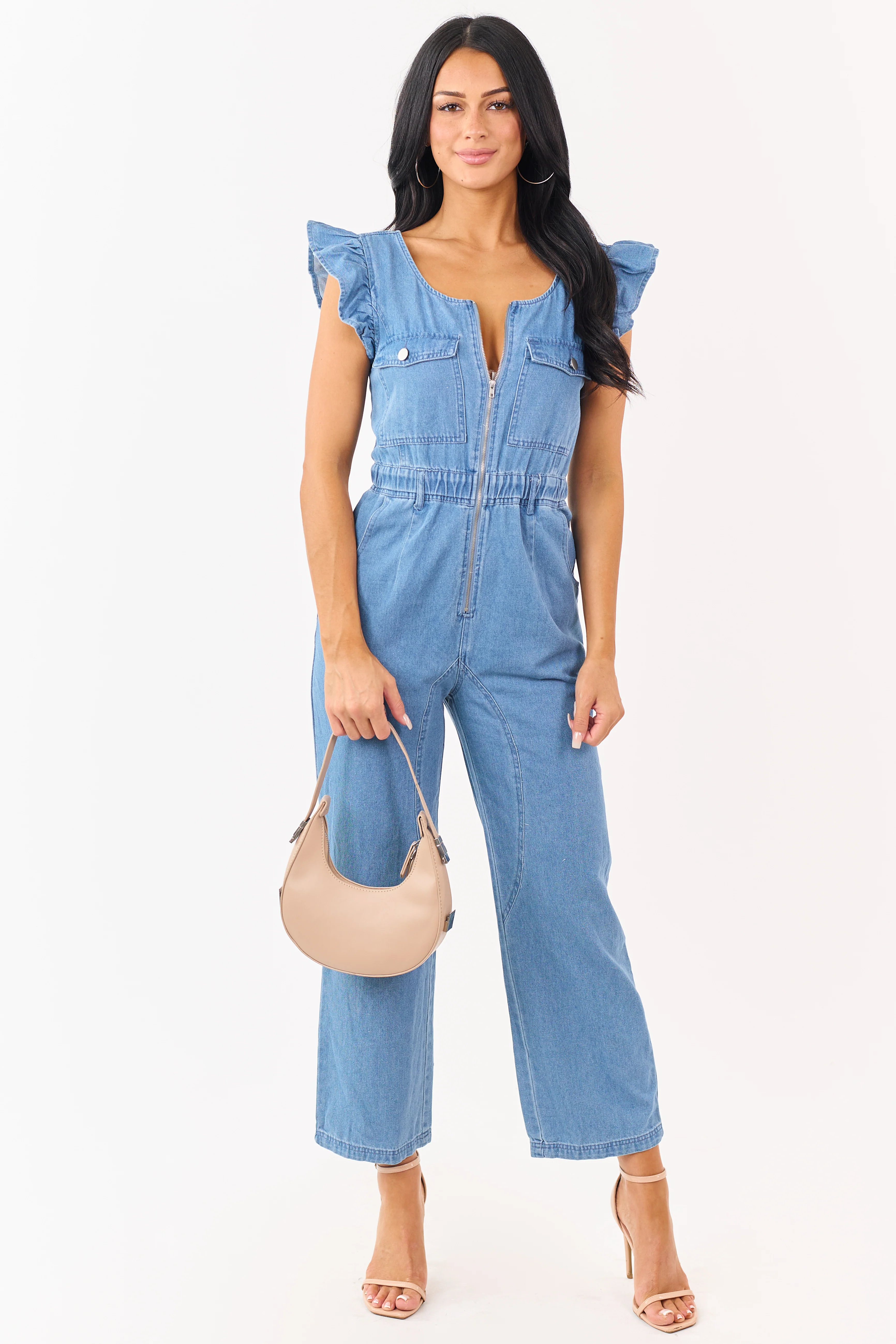 Medium Wash Denim Zip Up Ruffle Sleeve Jumpsuit - Image 2