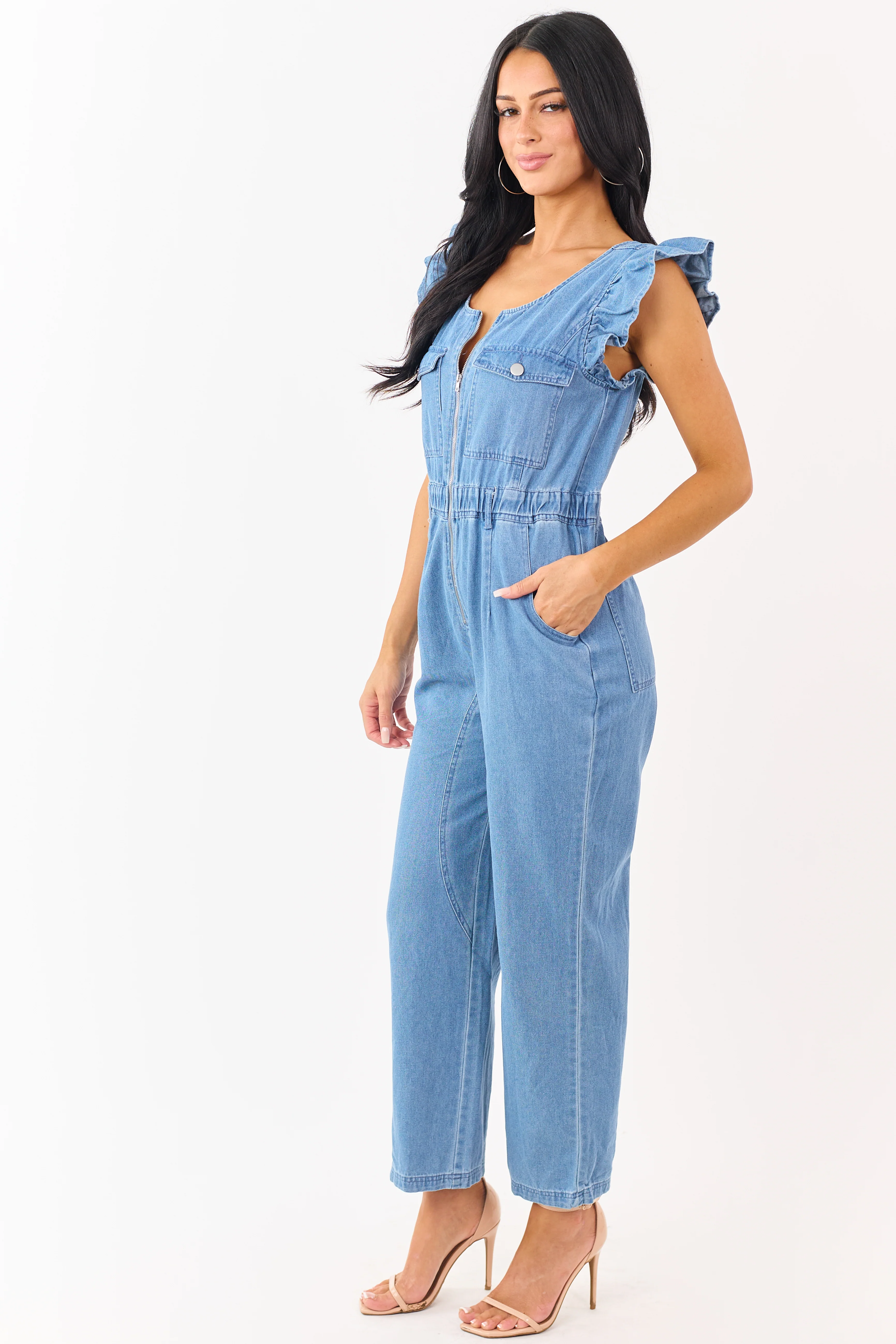 Medium Wash Denim Zip Up Ruffle Sleeve Jumpsuit - Image 3