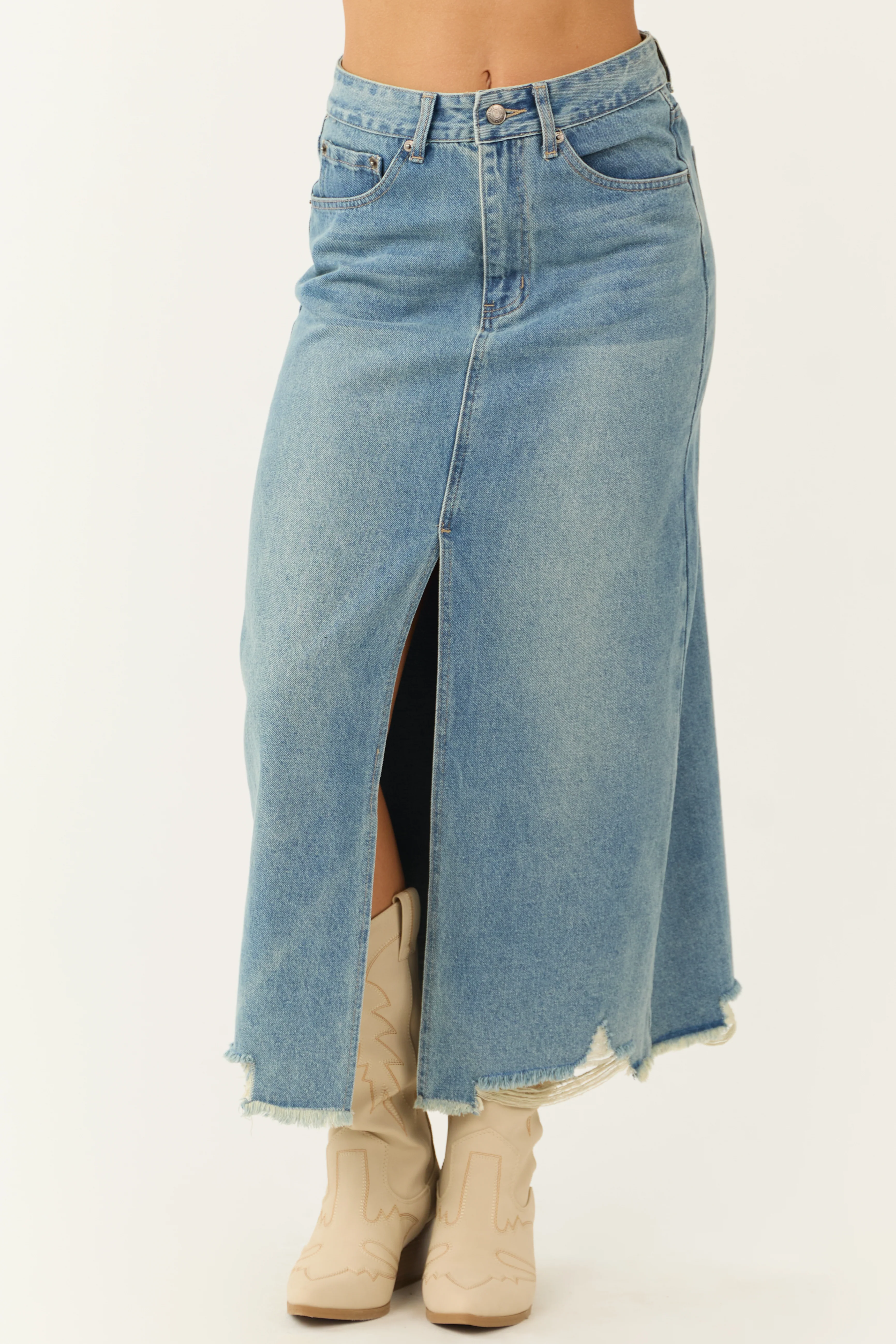 Medium Wash Distressed Denim Front Slit Maxi Skirt - Image 3