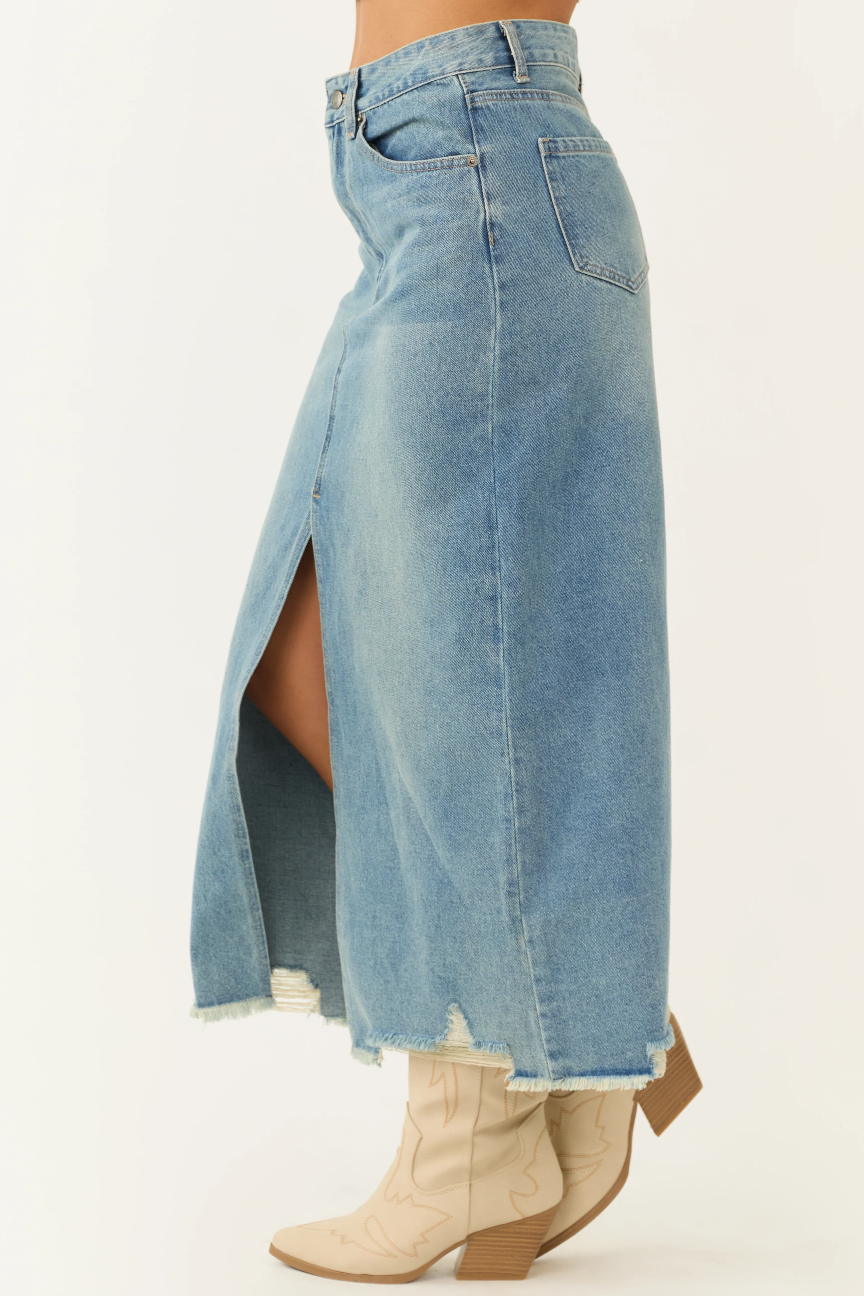 Medium Wash Distressed Denim Front Slit Maxi Skirt - Image 4