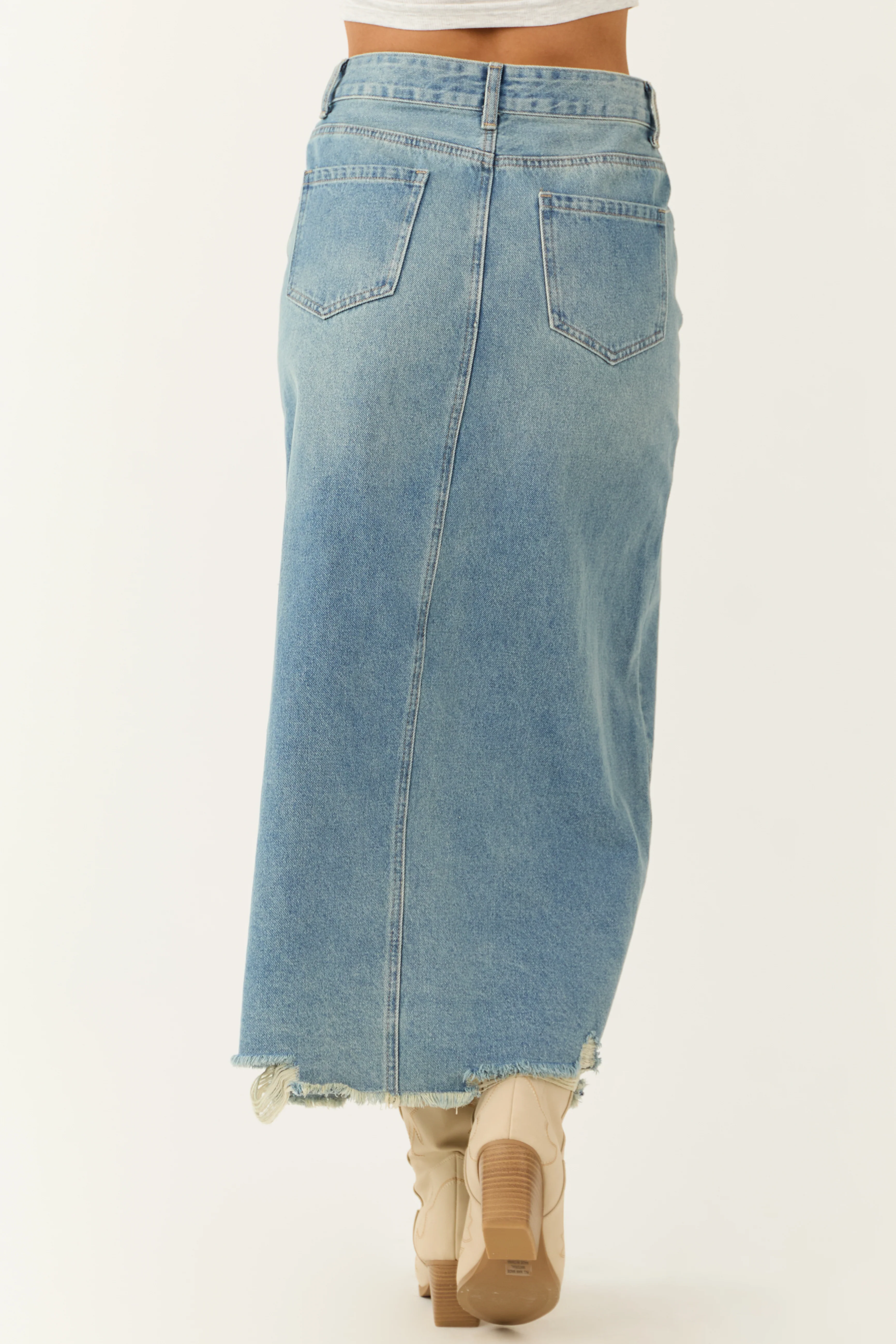 Medium Wash Distressed Denim Front Slit Maxi Skirt - Image 5