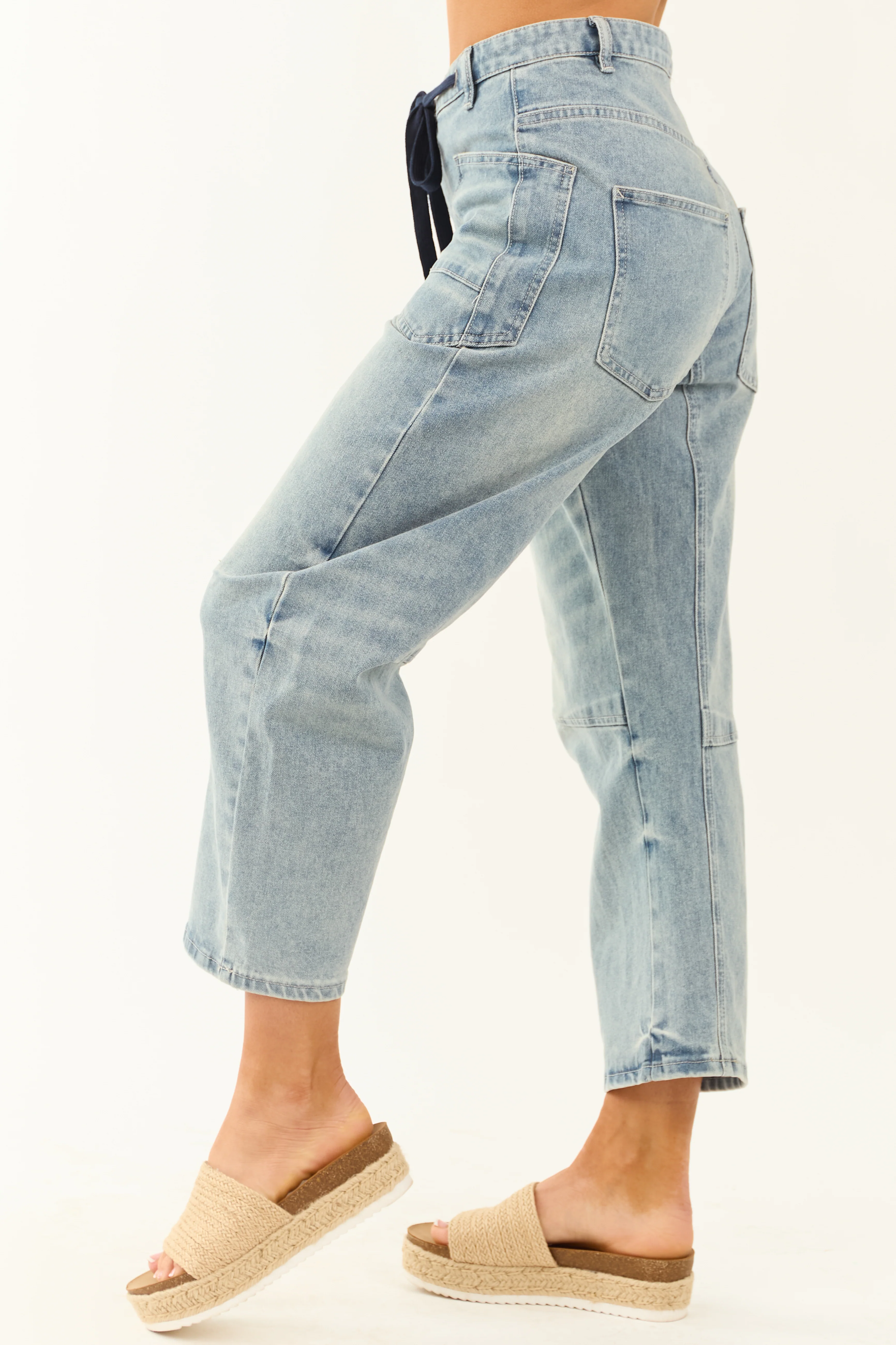 Medium Wash Drawstring Waist Soft Barrel Jeans - Image 4