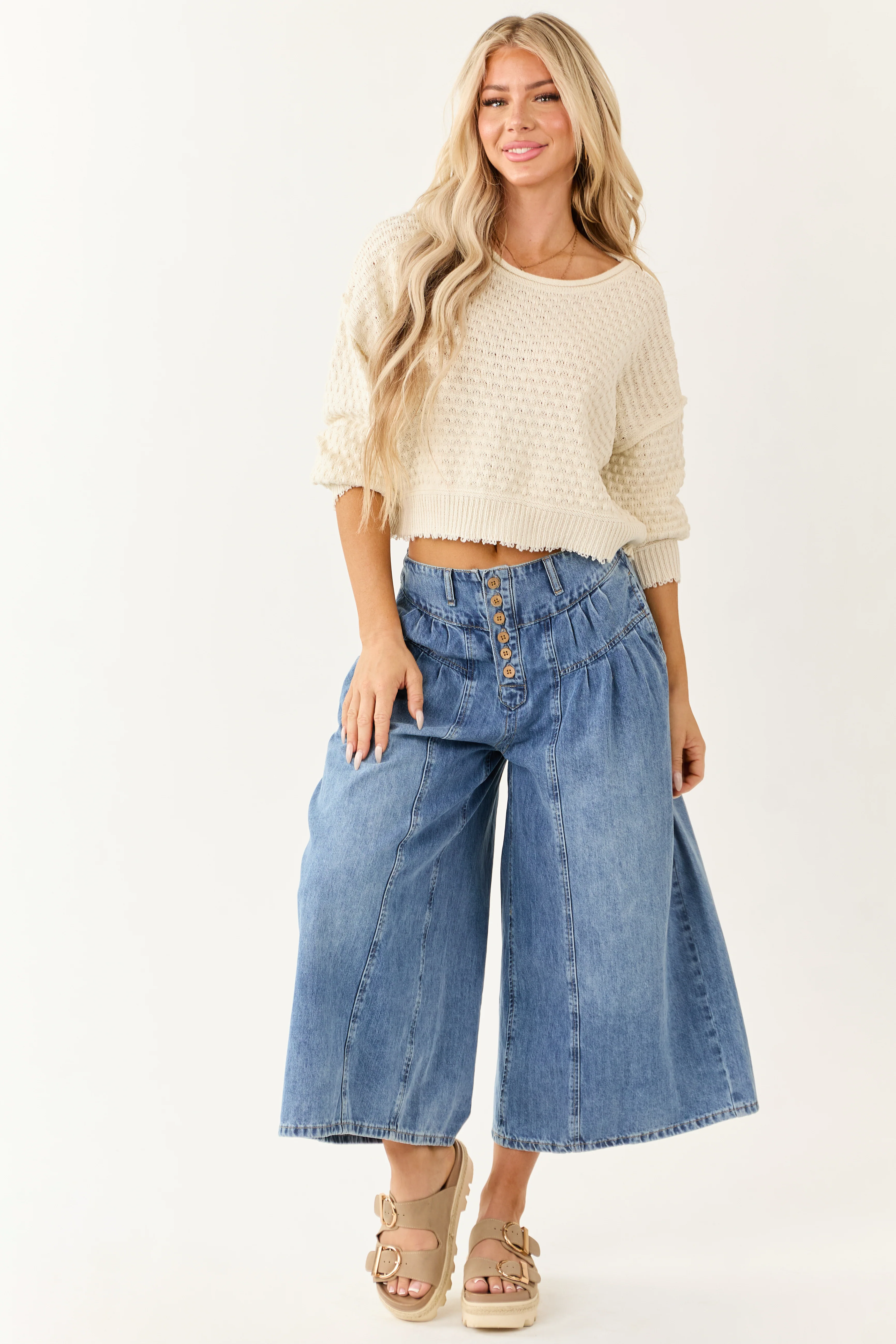 Medium Wash High Rise Cropped Wide Leg Denim Pants - Image 5